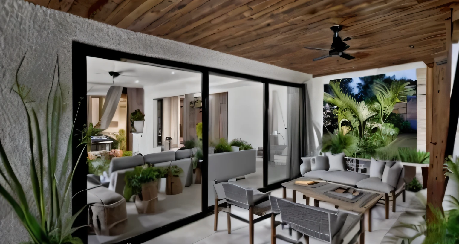 there is an outdoor living room space , there are wooden chairs and sofa , boho look, cozy mood , there are plants hang on the wall in a frame , the walls are made out of cut light grey rock, there is a 3 piece big sliding glass door with black frame, wooden ceiling and columns
