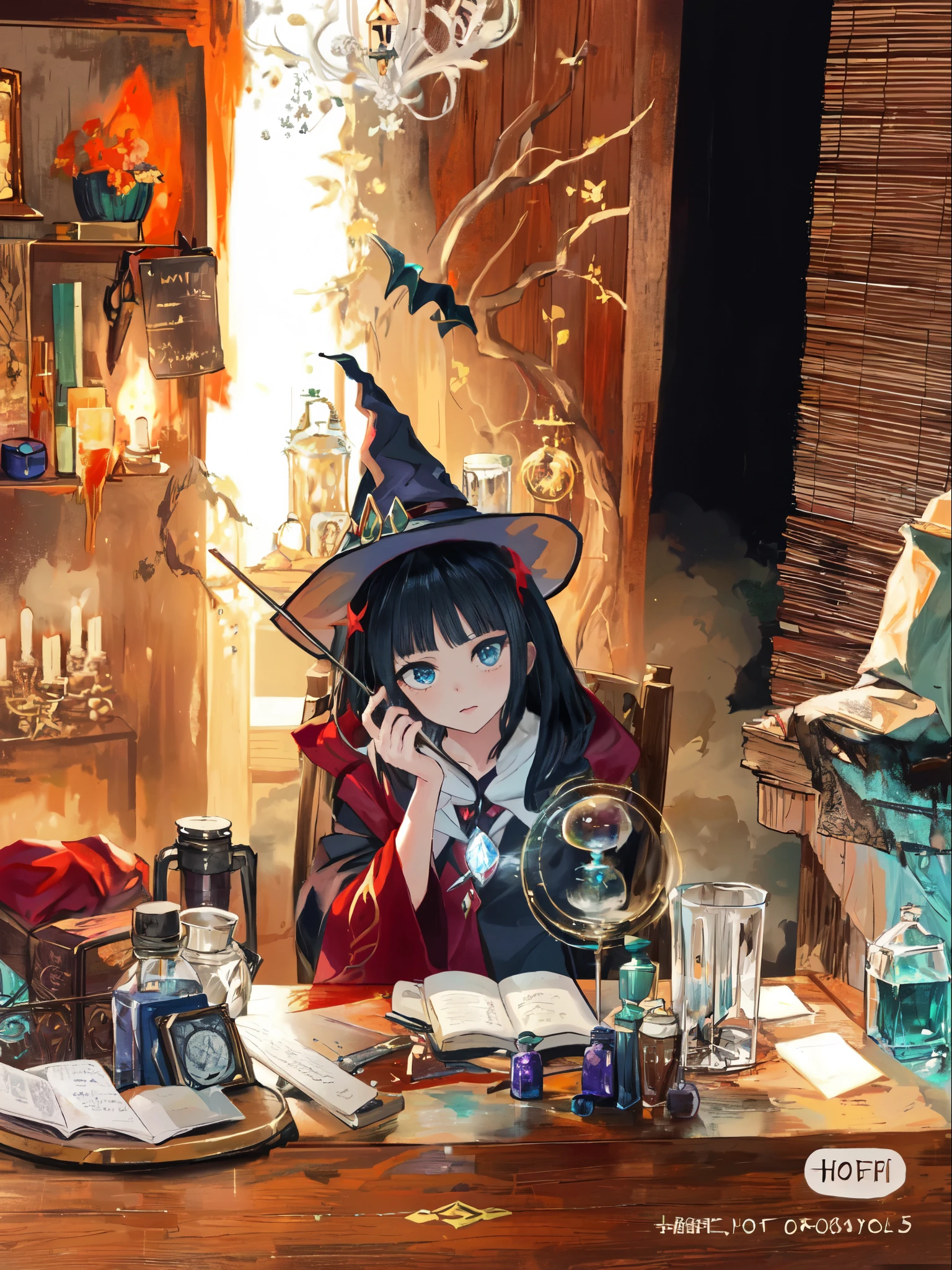 there is a woman sitting at a table with a lot of stuff, she is in the potions workshop, witch fairytale, classical witch, casting a spell on a potion, witch academia, sorcerer magic witch, magical witchcraft, witchy, spell casting wizard, witch, casting magic spell, spell casting, female mage conjuring a spell, witch girl
