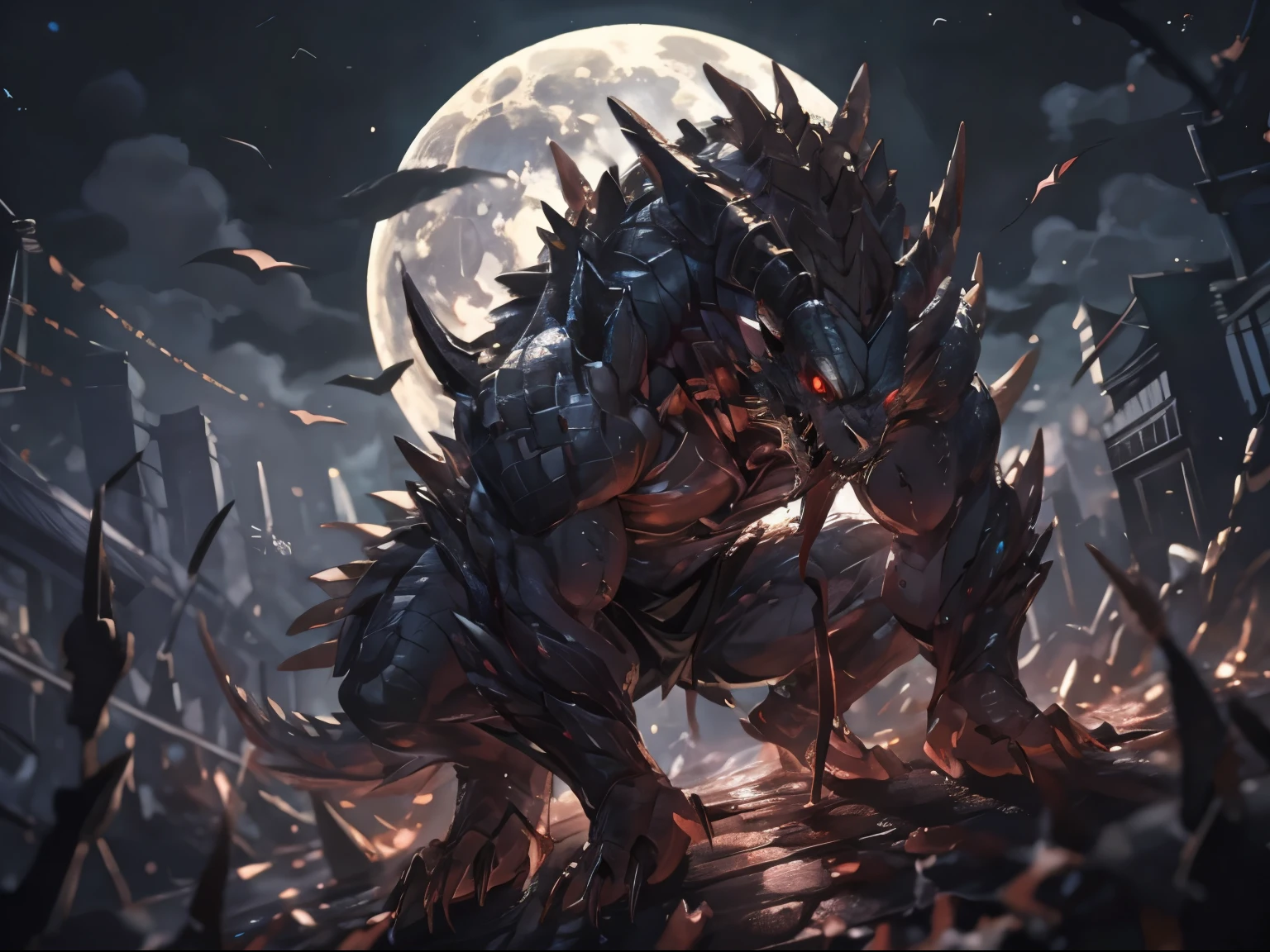 In an atmosphere of darkness and horror,The streets of the city are illuminated by moonlight。A beast with clearly visible scales on its body quietly appeared。,Its evil red eyes and sharp fangs exude an aura of terror,Like a demon crawling out of hell。