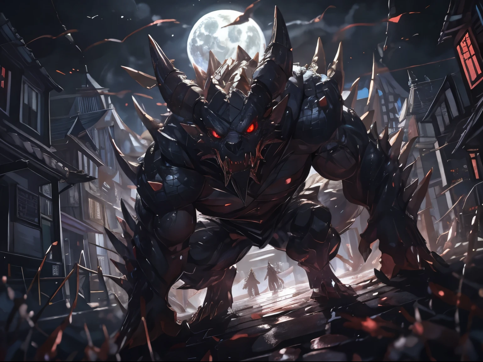 In an atmosphere of darkness and horror,The streets of the city are illuminated by moonlight。A beast with clearly visible scales on its body quietly appeared。,Its evil red eyes and sharp fangs exude an aura of terror,Like a demon crawling out of hell。
