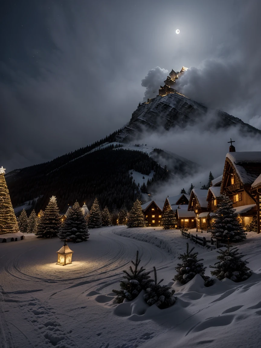 Tiny medieval mountain village at night in the moonlight covered in snow decorated for Christmas.  Dozens of lit Christmas trees throughout the town.  There is a wild winter snowstorm blowing down from the mountain.  Snow is falling heavily into the town.  There is a huge happy dragon breathing a huge plume of fire into the sky in the foreground