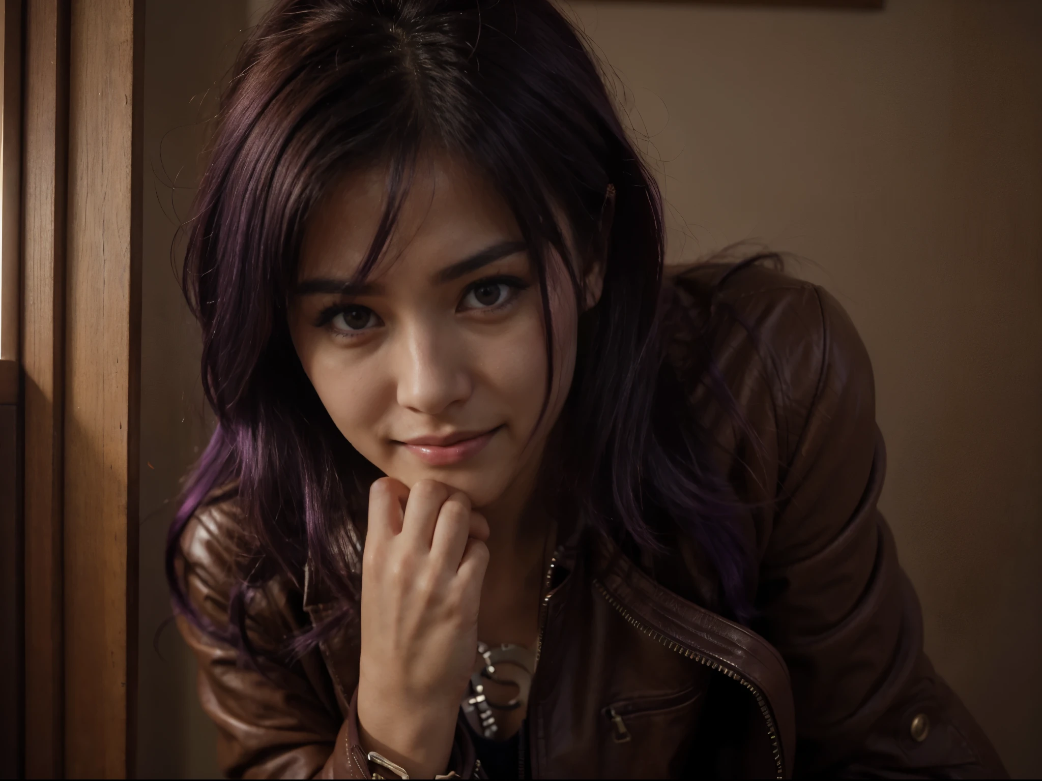 (best quality, highres), portrait of Misato Katsuragi, Purple medium purple Hair, Mixed Beautiful Pretty 28 years old Japanese babe, small beautiful brown eyes, intense gaze, beautiful lips, red leather jacket, black dress, combine realism and beautiful anime influenced, confident looks, smiling,