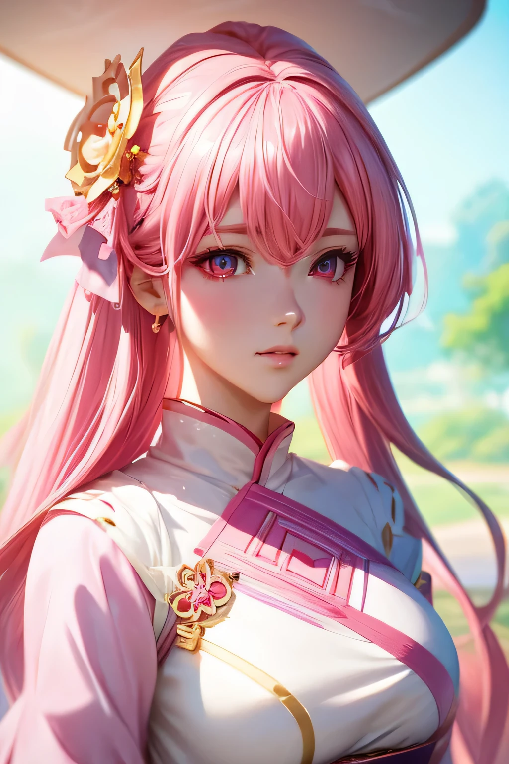 Close up of a woman with pink hair and white dress， Popular topics on cgstation， gas station trends， Guviz-style artwork， guweiz， beautiful anime style， inspired by Yanjun Cheng， 8K high quality detail art， realistic anime 3D style， style of wlop， Realistic anime art style
