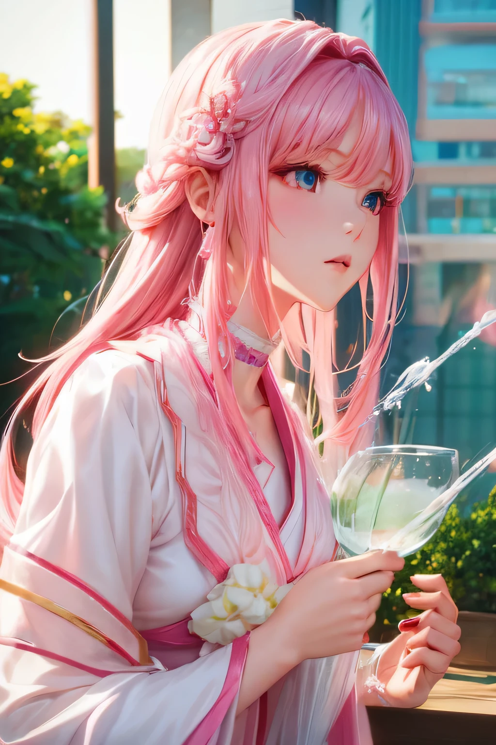 Close up of a woman with pink hair and white dress, Popular topics on cgstation, gas station trends, Guviz-style artwork, guweiz, beautiful anime style, inspired by Yanjun Cheng, 8K high quality detail art, realistic anime 3D style, style of wlop, Realistic anime art style