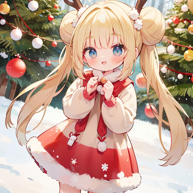 A clear-eyed girl with blond pigtails and round buns is smiling in front of a Christmas tree on a snowy day, wearing Rudolph ears and a beige dress.