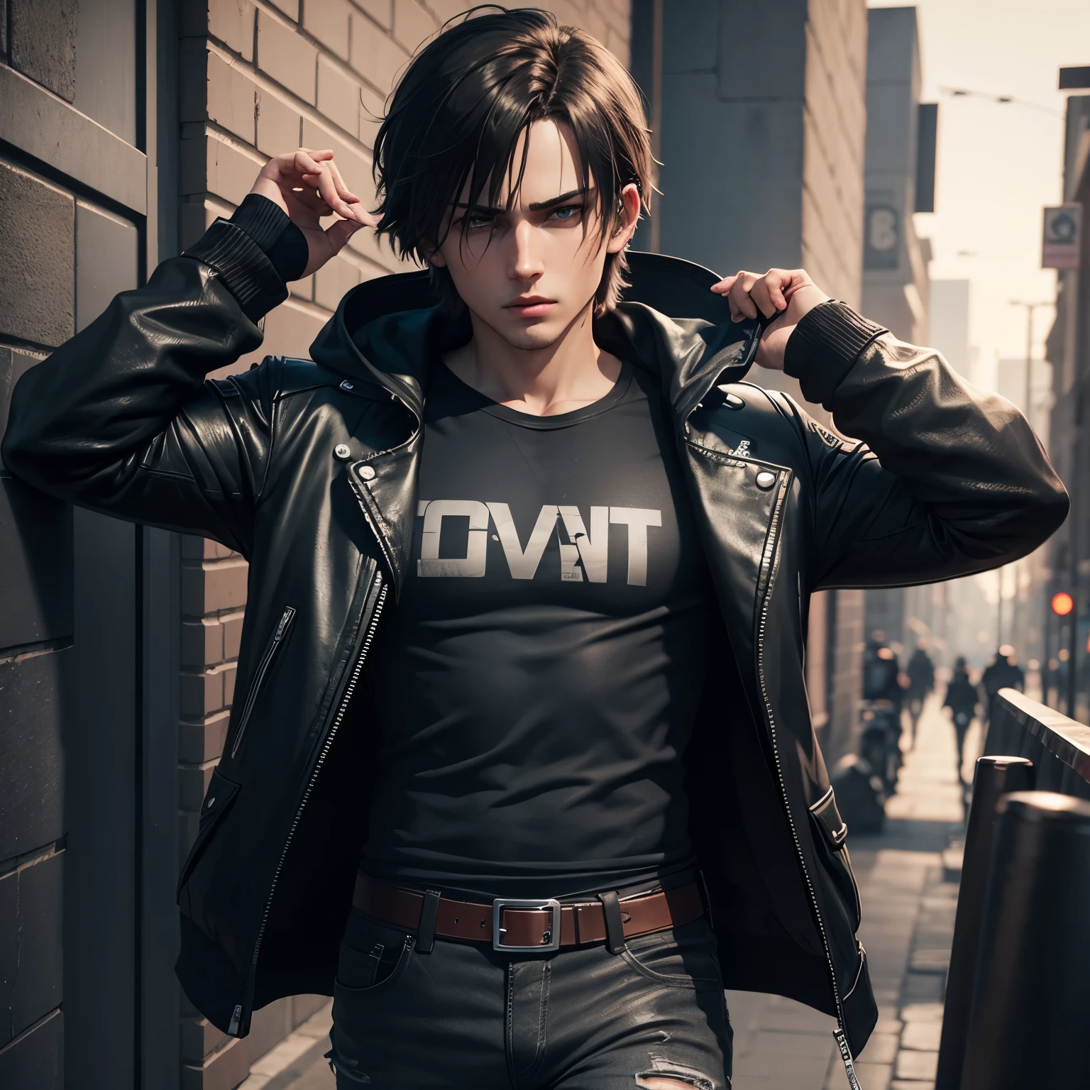 Young Leon kennedy outfit black hood leather jacket gray t shirt black jean black hair eyes detail Animation 3d cool look walk street back