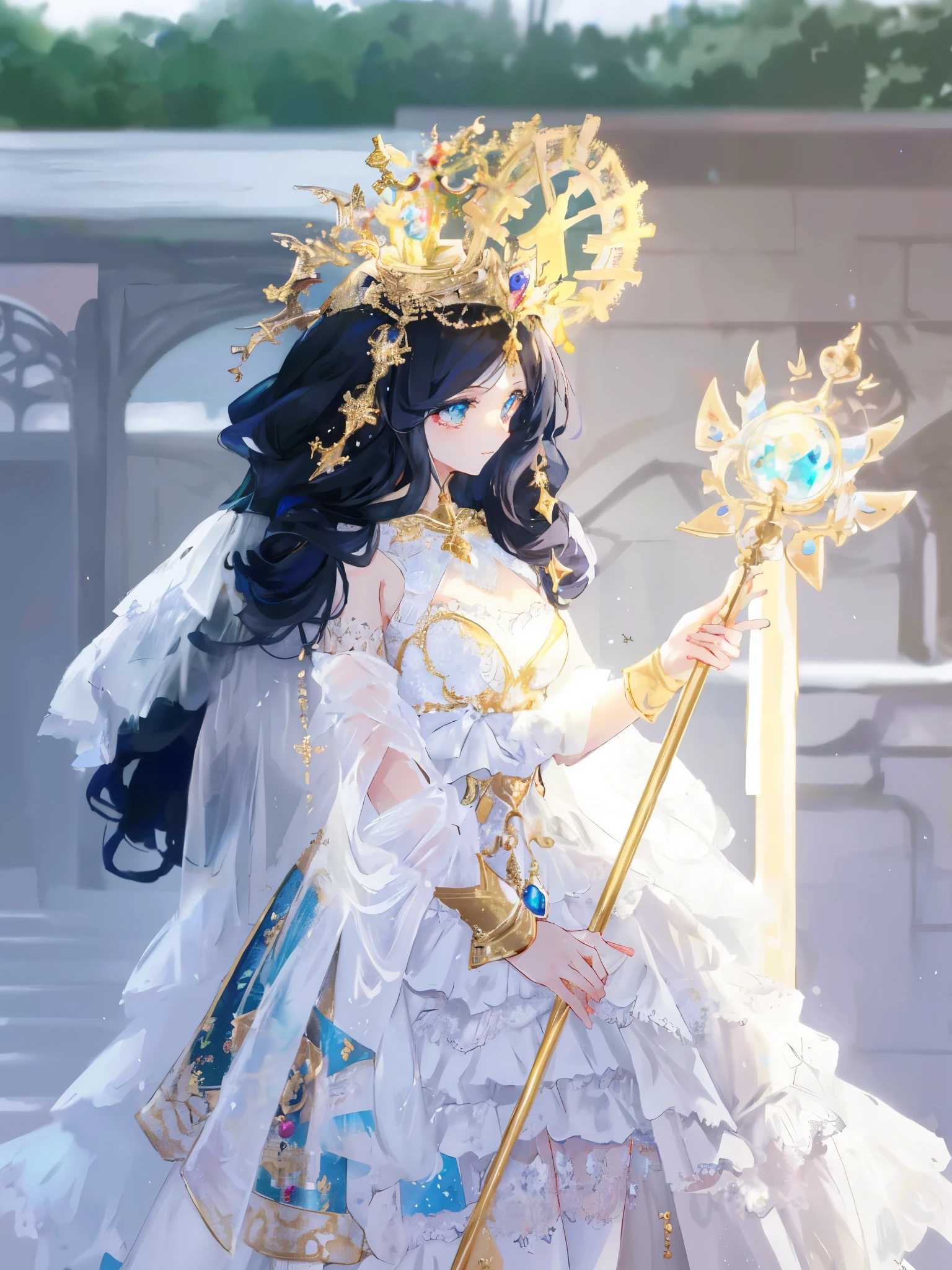 a woman in a white dress holding a golden wand and a golden crown, ornate , anime goddess, anime , anime girl , albedo from overlord, , elegant glamouroueautiful celestial mage, ((a beautiful fantasy empress)), glamourous , albedo from the anime overlord, a beautiful fantasy empress