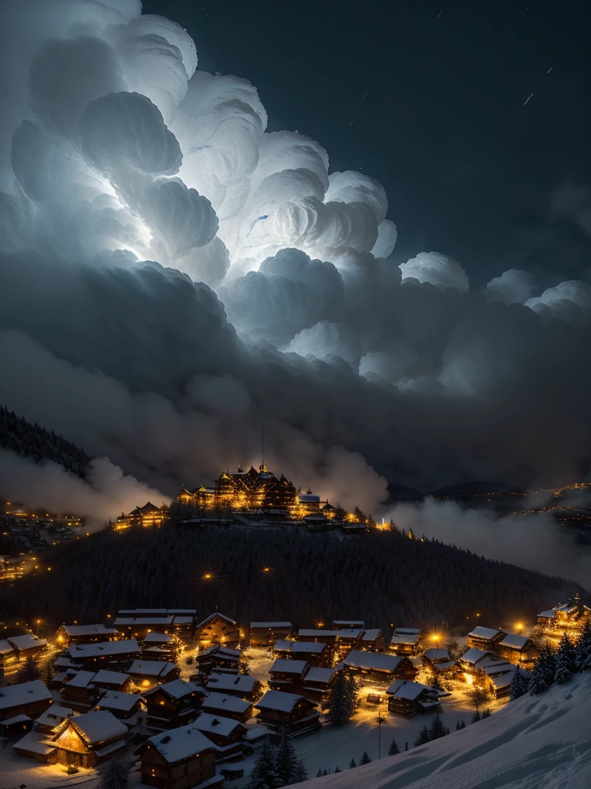 Tiny medieval mountain village at night in the moonlight covered in snow decorated for Christmas. Dozens of lit Christmas trees throughout the town. There is a wild winter snowstorm blowing down from the mountain. Snow is falling heavily into the town. There is a huge happy dragon breathing a huge plume of fire into the sky in the foreground