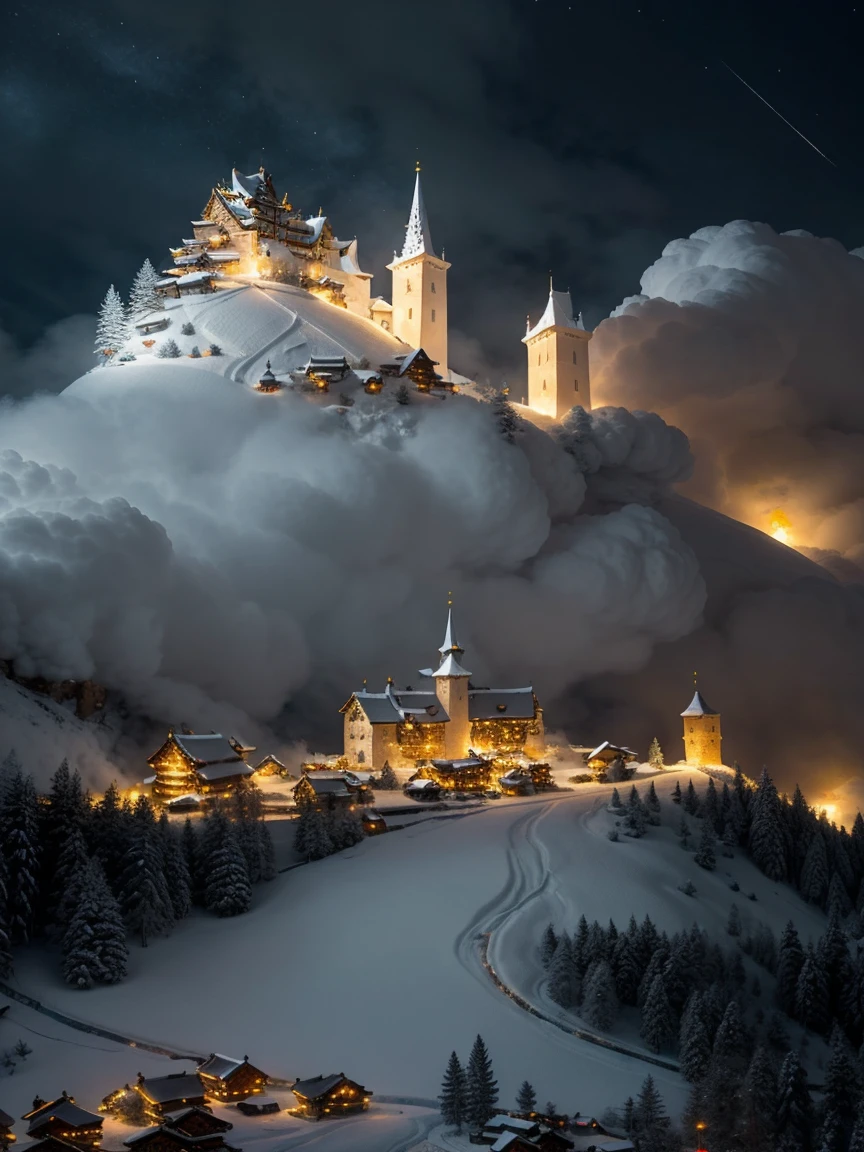Tiny medieval mountain village at night in the moonlight covered in snow decorated for Christmas. Dozens of lit Christmas trees throughout the town. There is a wild winter snowstorm blowing down from the mountain. Snow is falling heavily into the town. There is a huge happy dragon breathing a huge plume of fire into the sky in the foreground