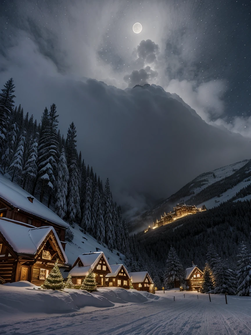 Tiny medieval mountain village at night in the moonlight covered in snow decorated for Christmas. Dozens of lit Christmas trees throughout the town. There is a wild winter snowstorm blowing down from the mountain. Snow is falling heavily into the town. There is a huge happy dragon breathing a huge plume of fire into the sky in the foreground