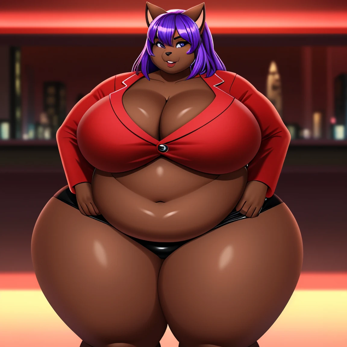 1girl, solo, Anthro, furry, cat girl, purple hair, ((dark skin)), ((dark skinned female)), ((red business suit)), purple cat ears, ussbbw, insanely inflated hips, insanely inflated belly, ussbbw weight gain, obese, insanely inflated thighs, fat rolls, fat arms, fat legs, tall, long tail, midriff, mini skirt, navel, shiny skin, insanely wide thighs, cleavage, ((widest possible thighs)), ((inflated thighs:1.10)), thigh bulge