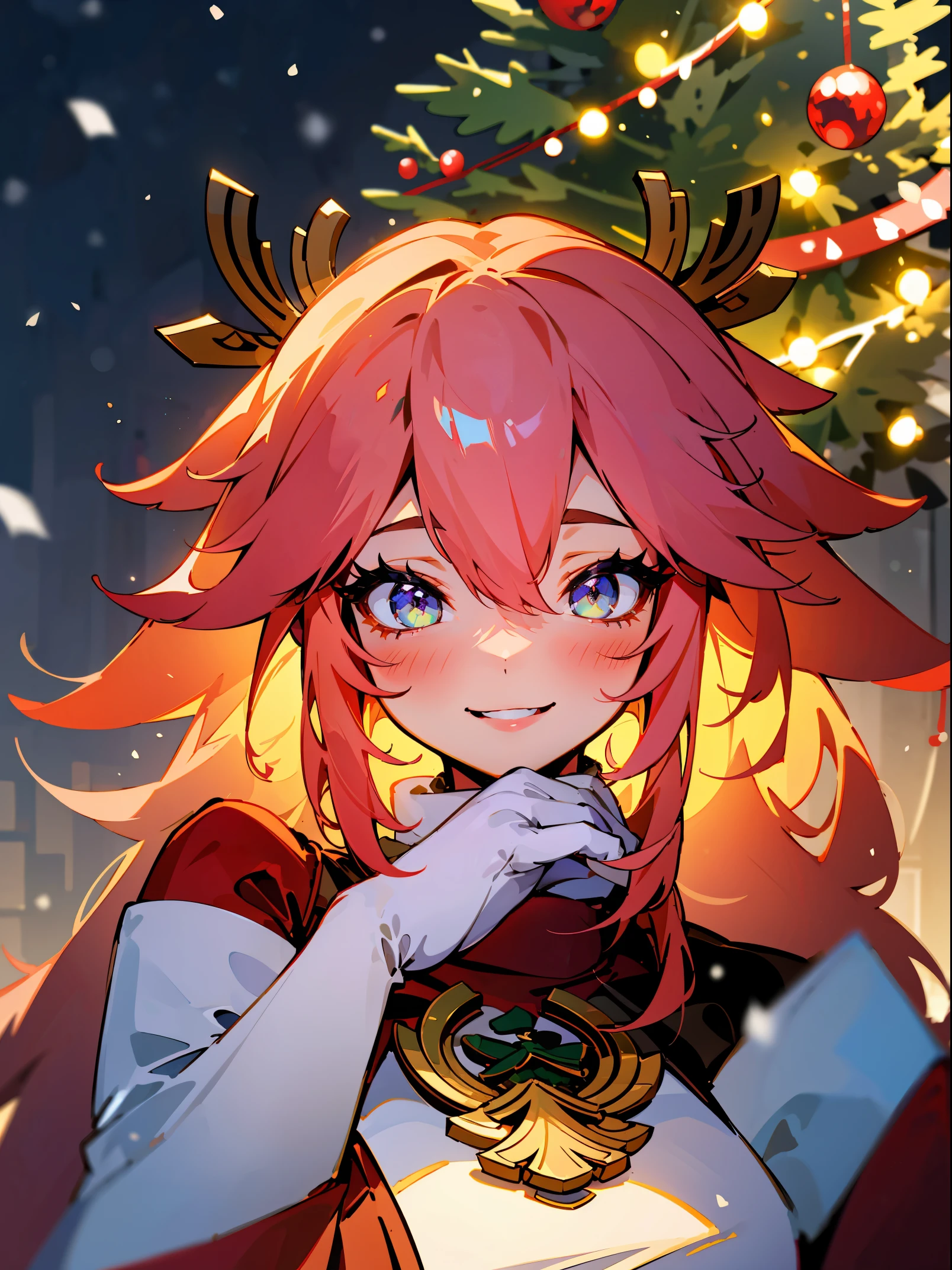 A girl in a Christmas garden, Yae Miko from Genshin Impact smiling in her Christmas outfit, surrounded by merry Christmas decorations and a joyful atmosphere. The scene is composed of vibrant colors, with sparkling lights and snowflakes falling gently in the background. The girl's eyes are beautifully detailed, radiating warmth and happiness. Her lips are also detailed, forming a gentle, joyful smile. The high-resolution image captures every little detail, from the intricate patterns on her outfit to the delicate snowflakes on the Christmas tree. The overall style of the artwork is a blend of portraits and holiday-themed illustrations, creating a joyful, festive atmosphere. The color palette consists of bright, cheerful colors, with a focus on red, green, and gold tones to enhance the Christmas theme. The lighting portrays a soft, warm glow, adding to the cozy and magical ambiance of the scene.