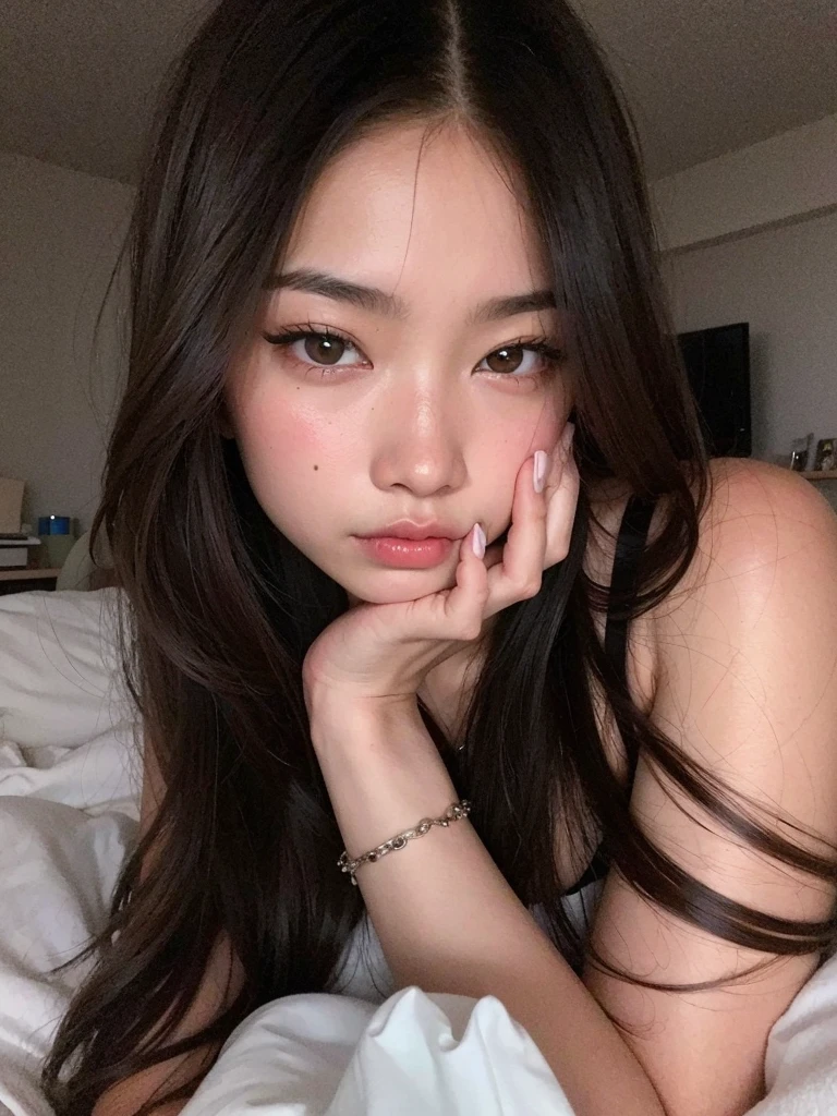 There's a woman lying on a bed with her hand on her chin, Asian girl, beautiful Asian girl, Asian face, asian features, menina coreana, young cute wan Asian face, jennie blackpink, young Asian girl, cabelo preto, 18 anos, seductive look •, linda mulher coreana jovem, detailed face of a Asian girl, a young asian woman, labios levemente carnudos