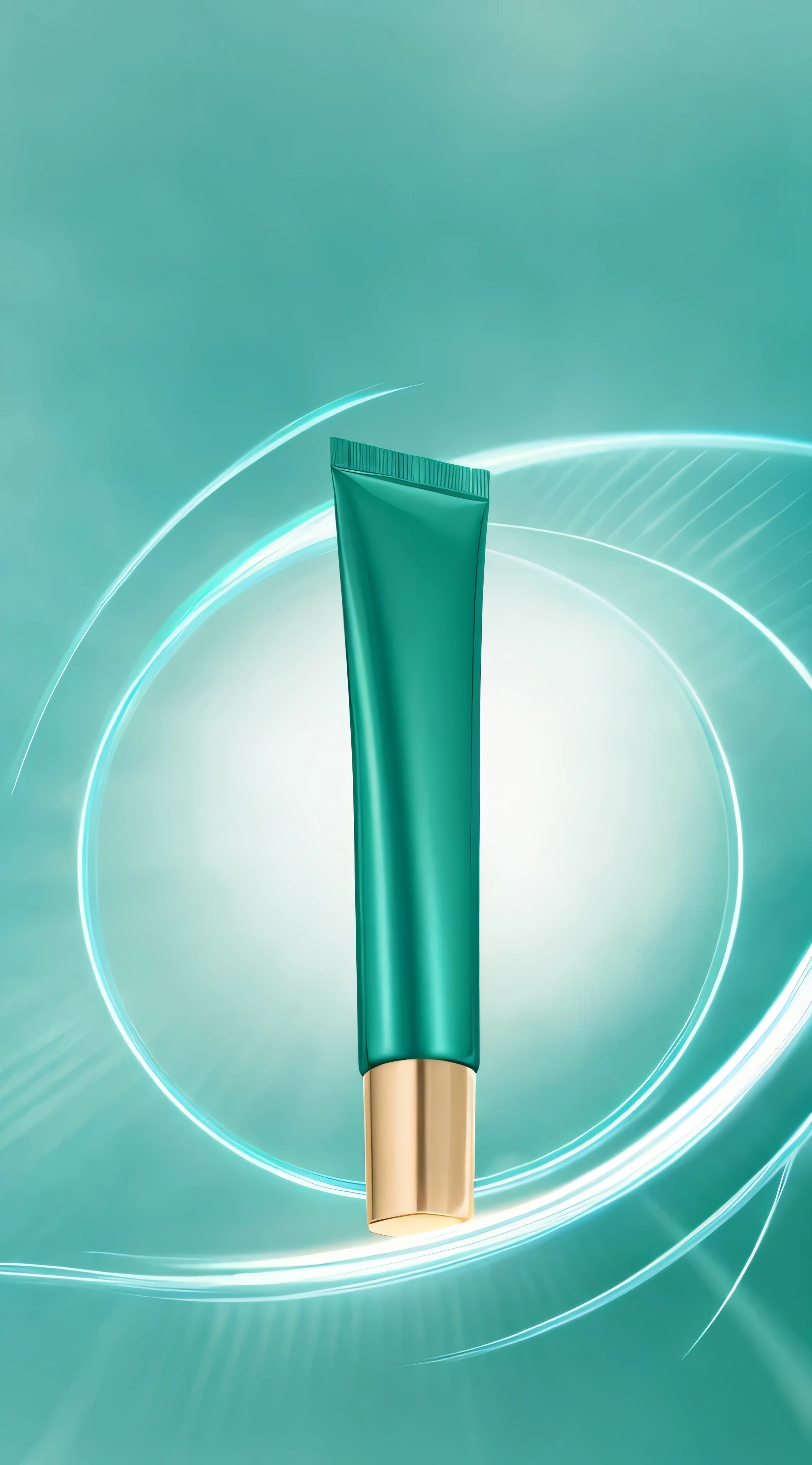 Close-up of a tube of green cream on a blue background, Dynamic pearlescent blue light, smooth blend, Cyan skin, smooth bioluminescent skin, The lines are clear and smooth, smooth shiny texture, The lines are clear and smooth, Fine detail gold brushstrokes, Close establishing shot, Smooth brushstrokes, Product close-up photos, cyan grading, blend