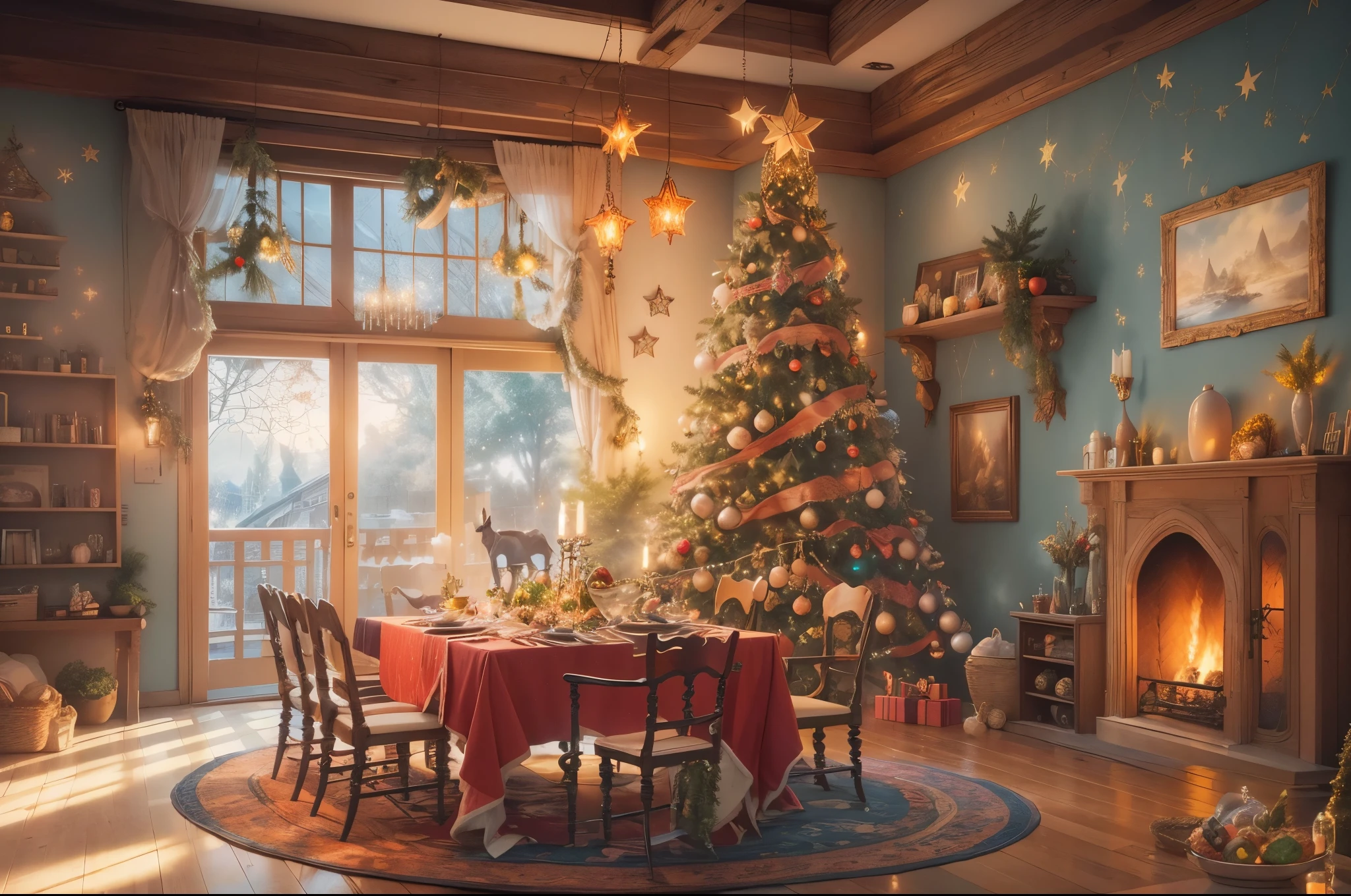 (Best quality, 8K, A high resolution, tmasterpiece:1.2), ultra - detailed, (actual, realistically:1.37), vibrant with colors, Magical atmosphere, Whimsical, ((sky full of stars，stars shining bright))，(((Use an illustration style))), European style interior house、Christmas decorations、The fireplace is warm、Lanterns hanging on the stairs、Colorful gifts wrapped under the Christmas tree、The floor is piled with gifts、wooden floor、Decorated pine tree、镶wooden floor、Manta ray and green、Christmas atmosphere、传统的Christmas atmosphere、Schaller、Joey Noel、gift tags、Christmas wreath、decorative metal ribbon、Christmas tree lights、Candy and Snacks，Gingerbread Man，(Transparent glow)、房间布置得有浓浓的Christmas atmosphere. A string of shining colored lights hangs on the wall, 窗台上放着Christmas wreath和小雪人, In the corner of the room stands a beautifully decorated Christmas tree. On a table, There are beautiful cutlery and red plates. In the center of the table, Have a sumptuous Christmas feast, Next to it is a bottle of red wine and two exquisite wine glasses, Brings warmth and comfort to the entire room. (Ghibli-style colors, first person perspective, hyper HD, tmasterpiece, Acura, Anatomically correct, ctextured skin, super detailing, high detal, high high quality, Award-Awarded, Best quality at best, 8K), hyper realisitc的, Psychedelic, Complicated details, Beautiful texture, Ethereal, like a dream, Soft glowing light, Charming Patterns, Fantasy creatures, Hidden surprises, dreamlike landscapes, hyper realisitc的 color palette, Mystic aura, hyper realisitc, Enchanting journey, psychedelic trip, vivid imagination, immersive experience, mysterious creature, otherworldly charm, glowing paths, Light up a magical Christmas, hyper realisitc的天空, Whimsical theme park, a magical encounter,Fascinating artwork