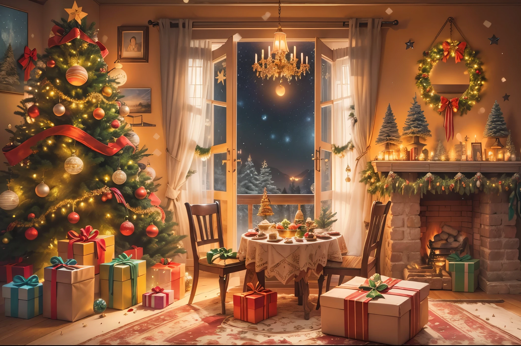 (Best quality, 8K, A high resolution, tmasterpiece:1.2), ultra - detailed, (actual, realistically:1.37), vibrant with colors, Magical atmosphere, Whimsical, ((sky full of stars，stars shining bright))，(((Use an illustration style))), European style interior house、Christmas decorations、The fireplace is warm、Lanterns hanging on the stairs、Colorful gifts wrapped under the Christmas tree、The floor is piled with gifts、wooden floor、Decorated pine tree、镶wooden floor、Manta ray and green、Christmas atmosphere、传统的Christmas atmosphere、Schaller、Joey Noel、gift tags、Christmas wreath、decorative metal ribbon、Christmas tree lights、Candy and Snacks，Gingerbread Man，(Transparent glow)、房间布置得有浓浓的Christmas atmosphere. A string of shining colored lights hangs on the wall, 窗台上放着Christmas wreath和小雪人, In the corner of the room stands a beautifully decorated Christmas tree. On a table, There are beautiful cutlery and red plates. In the center of the table, Have a sumptuous Christmas feast, Next to it is a bottle of red wine and two exquisite wine glasses, Brings warmth and comfort to the entire room. (Ghibli-style colors, first person perspective, hyper HD, tmasterpiece, Acura, Anatomically correct, ctextured skin, super detailing, high detal, high high quality, Award-Awarded, Best quality at best, 8K), hyper realisitc的, Psychedelic, Complicated details, Beautiful texture, Ethereal, like a dream, Soft glowing light, Charming Patterns, Fantasy creatures, Hidden surprises, dreamlike landscapes, hyper realisitc的 color palette, Mystic aura, hyper realisitc, Enchanting journey, psychedelic trip, vivid imagination, immersive experience, mysterious creature, otherworldly charm, glowing paths, Light up a magical Christmas, hyper realisitc的天空, Whimsical theme park, a magical encounter,Fascinating artwork