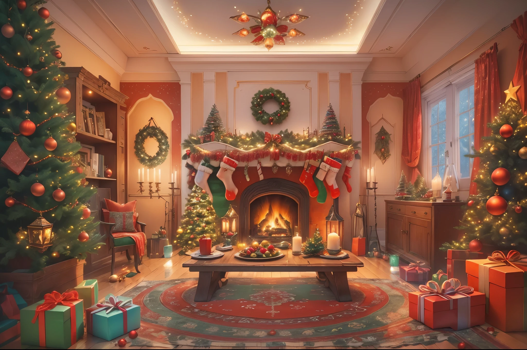 (tmasterpiece:1.2), ultra - detailed, (actual, realistically:1.37), Vibrant colors, Magical atmosphere, Whimsical, ((sky full of stars，The North Star shines))，(Use an illustration style), (European style interior house、Christmas decorations、The fireplace is warm、Lanterns hanging on the stairs、Gifts wrapped in colorful  under the Christmas tree、pile of gifts on the floor、wooden floor、Decorated pine tree、镶wooden floor、mantel、red and green、Christmas atmosphere、traditional christmaestive atmosphere、chaleureux、joyeux Noel、gift tag、Christmas wreath、decorations、metal ribbon、Christmas tree lights、Confectionery，Gingerbread Man，lamplight)、(房间布置得有浓浓的Christmas atmosphere. A string of shining colored lights hangs on the wall, 窗台上放着Christmas wreath和小雪人, In the corner of the room stands a beautifully decorated Christmas tree). (On a table, There are beautiful cutlery and red plates. In the center of the table, Have a sumptuous Christmas feast, Next to it is a bottle of red wine and two exquisite wine glasses, Brings warmth and comfort to the entire room). (Ghibli-style colors, first person perspective, hyper HD, tmasterpiece, acurate, Anatomically correct, ctextured skin, super detailing, high detal, high qulity, Award-Awarded, Best quality at best, 8K))), hyper realisitc的, Psychedelic, Complicated details, Beautiful texture, Ethereal, like a dream, Soft glowing light, Charming Patterns, Fantasy creatures, Hidden surprises, dreamlike landscapes, hyper realisitc的 color palette, Mystic aura, hyper realisitc, Enchanting journey, psychedelic trip, vivid imagination, immersive experience, mysterious creature, otherworldly charm, glowing paths, Light up a magical Christmas, hyper realisitc的天空, Whimsical theme park, a magical encounter,Fascinating artwork