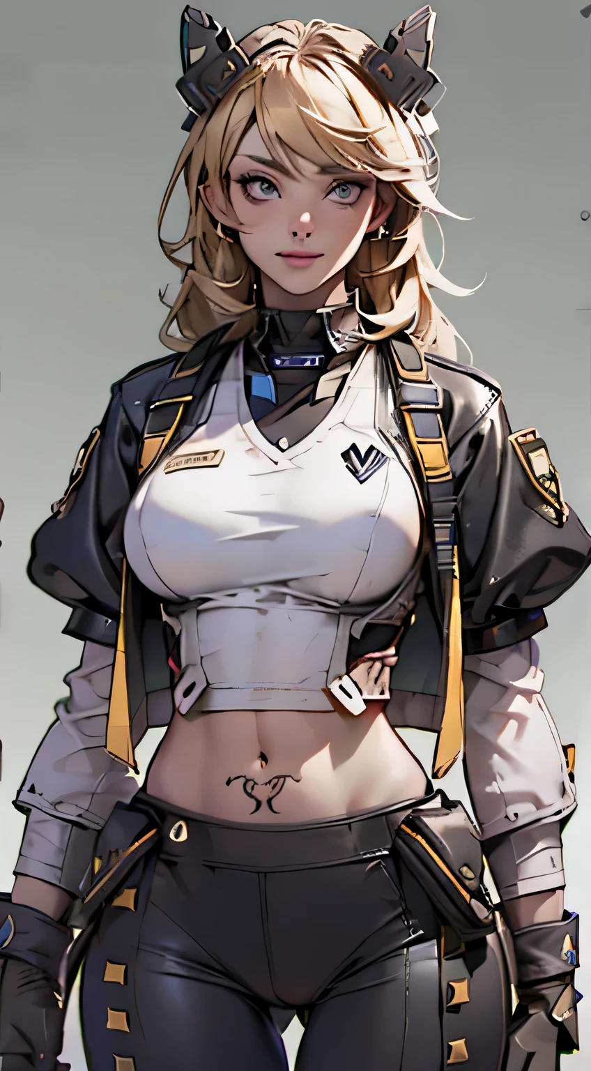 (((Best quality at best: 1.4))),(无与伦比的tmasterpiece), (hyper HD),(Hyper-realistic 8k CG)、（深色the hair） ((( body))), (((1 girl in))), 25-year-old American soldier with perfect body,,Beautiful and well-groomed face,muscular body:1.2,detailed solid color jacket, (Pictures from head to thighs)， Complex equipment, Dark Green，long trousers，Close-fitting clothes are dark，With white stars and off-white stripes,,,,,Metal electronic parts for armor, Poison tattoos )(tmasterpiece, Best quality at best at best,:1.2), 1 busty girl, (Alone:1.3), The upper part of the body, white  shirt, short- sleeved, , (dead, actual, reallife, abnormal giant breasts, Best-aesthetic, new, newest, Best quality at best at best, tmasterpiece:1.2), Soft_lamplight, Soft_skin_ton, femele_the hair, (白ackground with,  Background with,:1.2),