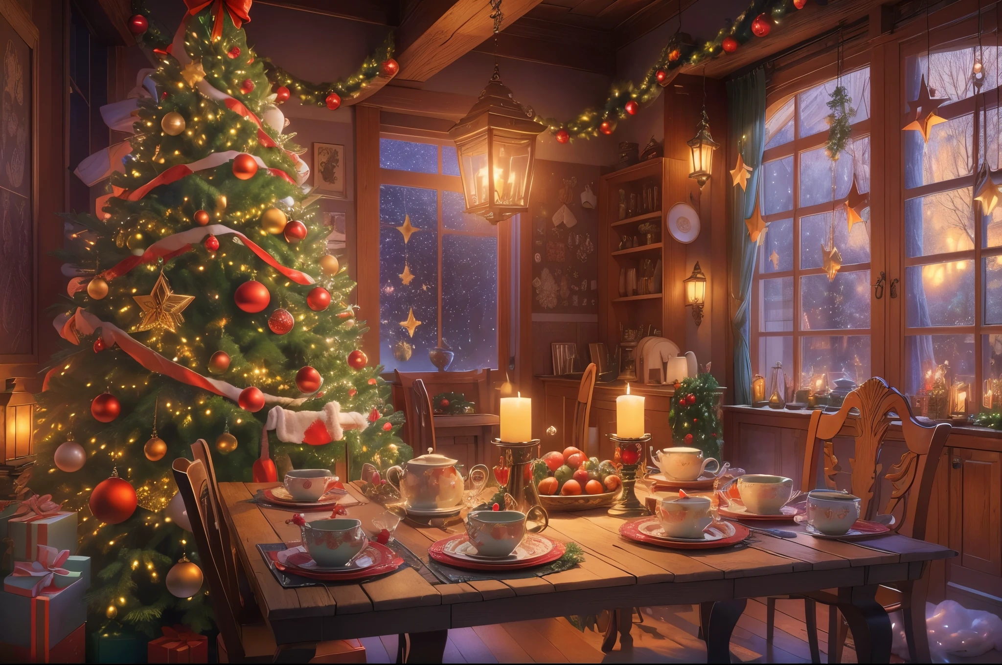 (tmasterpiece:1.2), ultra - detailed, (actual, realistically:1.37), Vibrant colors, Magical atmosphere, Whimsical, ((sky full of stars，The North Star shines))，(Use an illustration style), (European style interior house、Christmas decorations、The fireplace is warm、Lanterns hanging on the stairs、Gifts wrapped in colorful  under the Christmas tree、pile of gifts on the floor、wooden floor、Decorated pine tree、镶wooden floor、mantel、red and green、Christmas atmosphere、traditional christmaestive atmosphere、chaleureux、joyeux Noel、gift tag、Christmas wreath、decorations、metal ribbon、Christmas tree lights、Confectionery，Gingerbread Man，lamplight)、(房间布置得有浓浓的Christmas atmosphere. A string of shining colored lights hangs on the wall, 窗台上放着Christmas wreath和小雪人, In the corner of the room stands a beautifully decorated Christmas tree). (On a table, There are beautiful cutlery and red plates. In the center of the table, Have a sumptuous Christmas feast, Next to it is a bottle of red wine and two exquisite wine glasses, Brings warmth and comfort to the entire room). (Ghibli-style colors, first person perspective, hyper HD, tmasterpiece, acurate, Anatomically correct, ctextured skin, super detailing, high detal, high qulity, Award-Awarded, Best quality at best, 8K))), hyper realisitc的, Psychedelic, Complicated details, Beautiful texture, Ethereal, like a dream, Soft glowing light, Charming Patterns, Fantasy creatures, Hidden surprises, dreamlike landscapes, hyper realisitc的 color palette, Mystic aura, hyper realisitc, Enchanting journey, psychedelic trip, vivid imagination, immersive experience, mysterious creature, otherworldly charm, glowing paths, Light up a magical Christmas, hyper realisitc的天空, Whimsical theme park, a magical encounter,Fascinating artwork