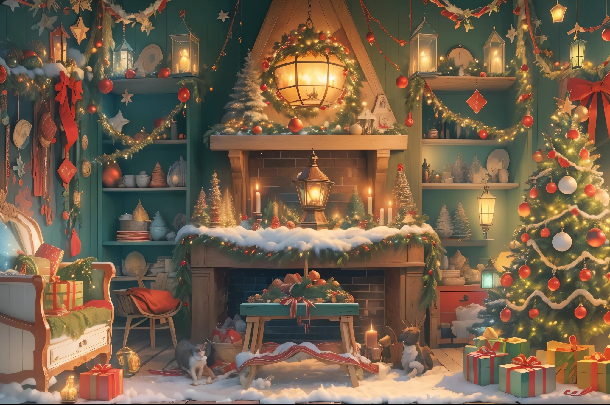 (tmasterpiece:1.2), ultra - detailed, (actual, realistically:1.37), Vibrant colors, Magical atmosphere, Whimsical, ((sky full of stars，The North Star shines))，(Use an illustration style), (European style interior house、Christmas decorations、The fireplace is warm、Lanterns hanging on the stairs、Gifts wrapped in colorful  under the Christmas tree、pile of gifts on the floor、wooden floor、Decorated pine tree、镶wooden floor、mantel、red and green、Christmas atmosphere、traditional christmaestive atmosphere、chaleureux、joyeux Noel、gift tag、Christmas wreath、decorations、metal ribbon、Christmas tree lights、Confectionery，Gingerbread Man，lamplight)、(房间布置得有浓浓的Christmas atmosphere. A string of shining colored lights hangs on the wall, 窗台上放着Christmas wreath和小雪人, In the corner of the room stands a beautifully decorated Christmas tree). (On a table, There are beautiful cutlery and red plates. In the center of the table, Have a sumptuous Christmas feast, Next to it is a bottle of red wine and two exquisite wine glasses, Brings warmth and comfort to the entire room). (Ghibli-style colors, first person perspective, hyper HD, tmasterpiece, acurate, Anatomically correct, ctextured skin, super detailing, high detal, high qulity, Award-Awarded, Best quality at best, 8K))), hyper realisitc的, Psychedelic, Complicated details, Beautiful texture, Ethereal, like a dream, Soft glowing light, Charming Patterns, Fantasy creatures, Hidden surprises, dreamlike landscapes, hyper realisitc的 color palette, Mystic aura, hyper realisitc, Enchanting journey, psychedelic trip, vivid imagination, immersive experience, mysterious creature, otherworldly charm, glowing paths, Light up a magical Christmas, hyper realisitc的天空, Whimsical theme park, a magical encounter,Fascinating artwork，（Ultra-high saturation，Bright and bright: 1.8）