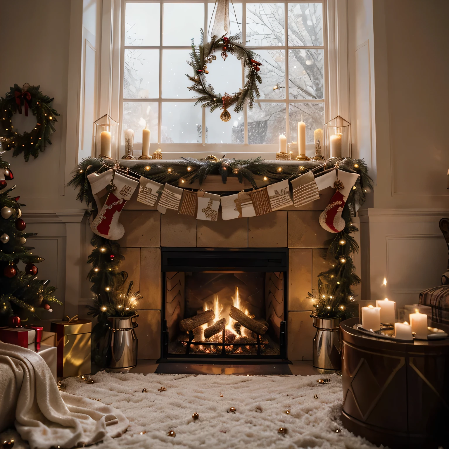 Cascading snowflakes on frosted windows. Twinkling stars draped over velvet drapes. Cinnamon scent whispers, crackling flames paint shadows. Garlands dance with red berries, golden baubles glinting secrets. Laughter muffled by cozy throws, mugs brimming with spiced joy. Stockings plump with anticipation, secrets tucked beneath the tree hyper realistic ; cinematic ; 8k quality ; Christmas Eve ; Christmas decoration ; fire inside chimney