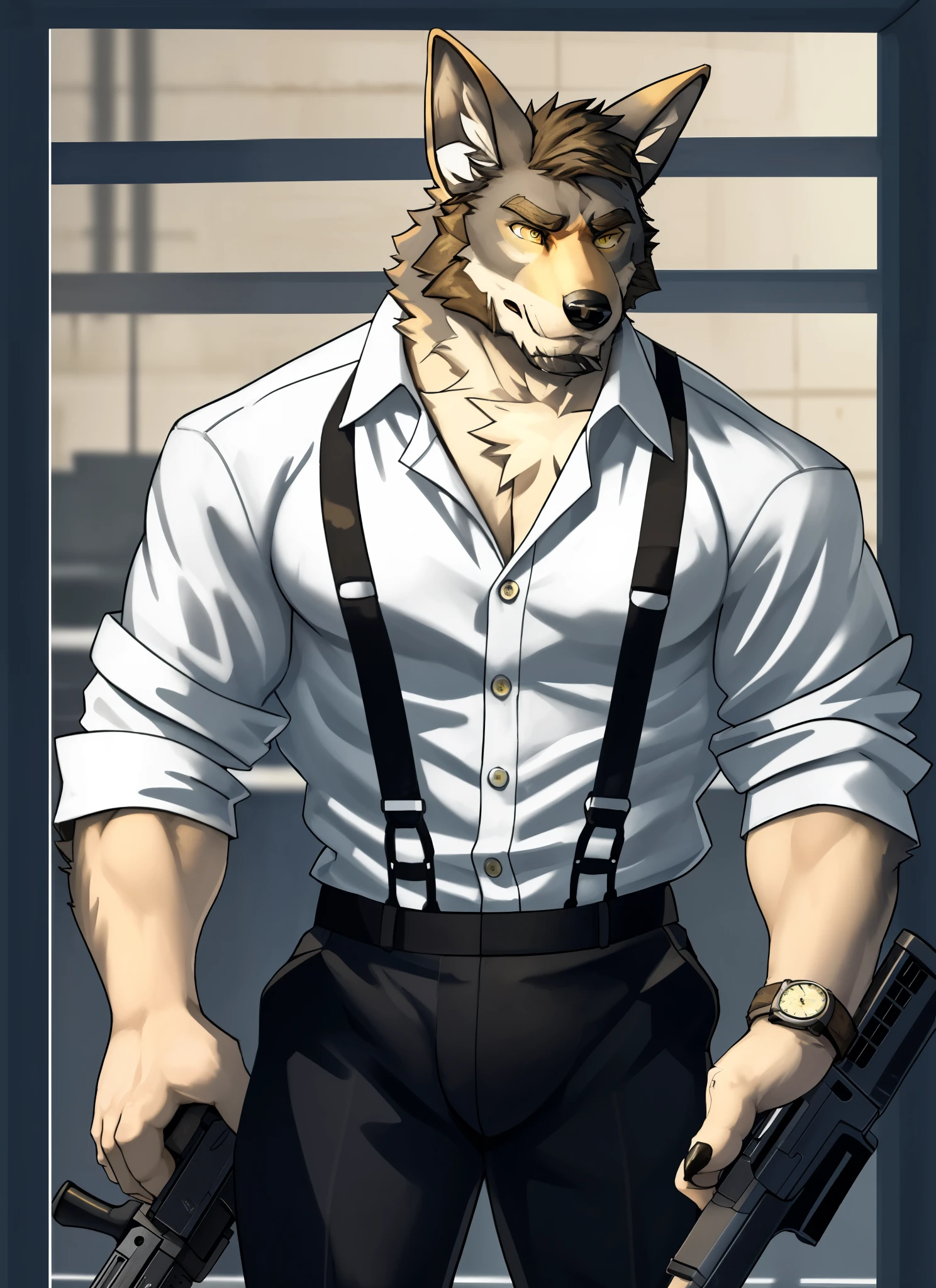 william adler, solo, shirt, 1boy, white shirt, upper body, male focus, collared shirt, pants, looking to the side, suspenders, pectorals, sleeves rolled up, watch, wristwatch, wolf ears, beard, yellow eyes, detailed eyes, gun, holding gun, prision, behind bars