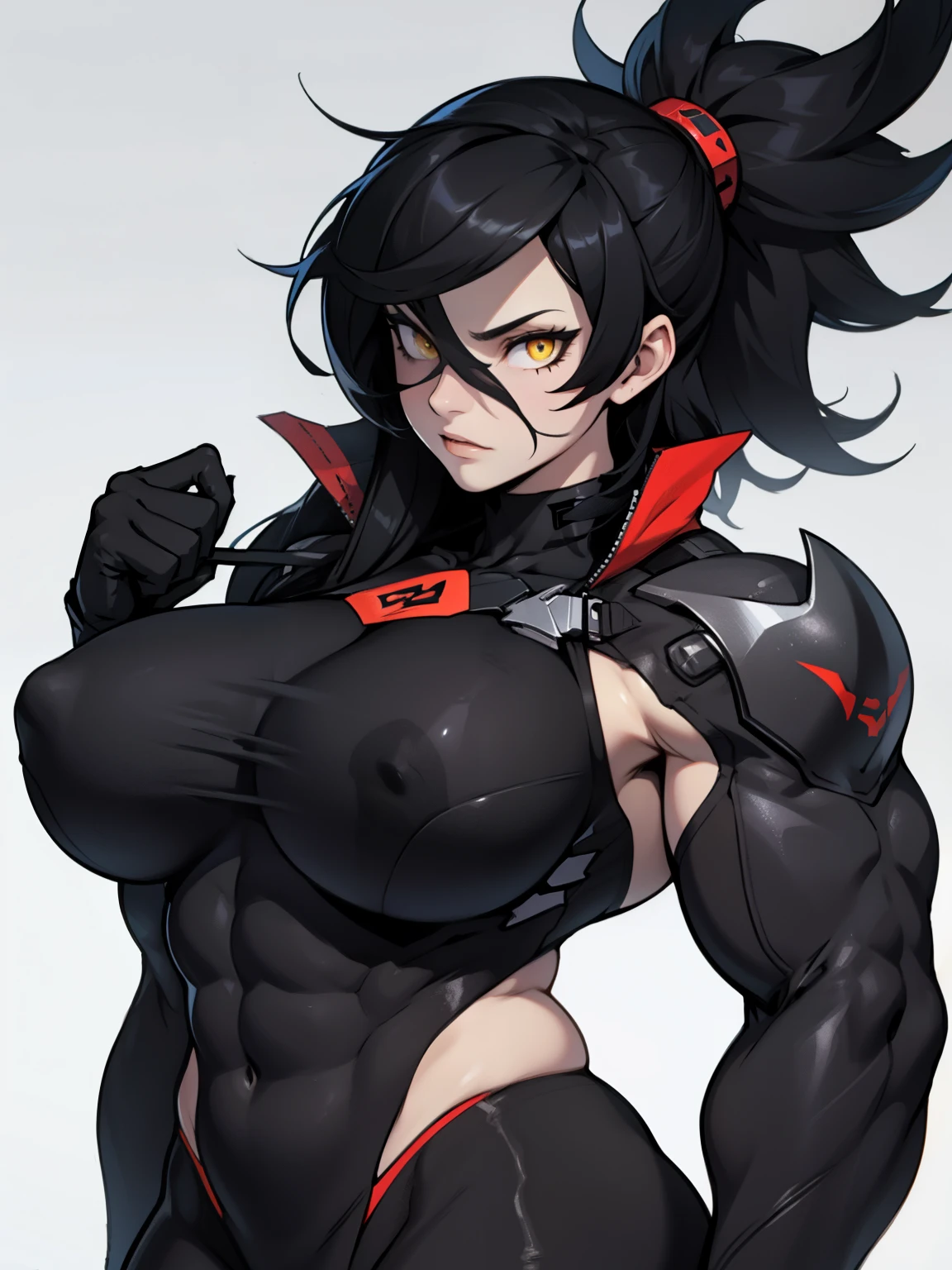 perfect anatomy muscular girl toned body huge breasts black hair yellow eyes solo pale