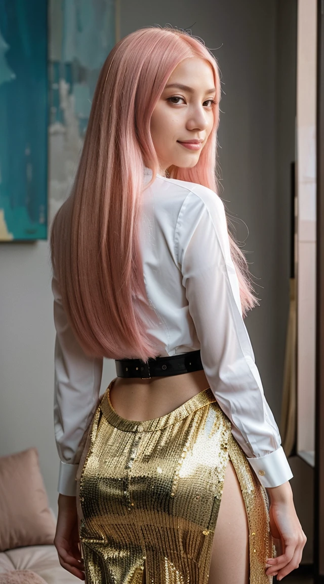 Hasselblad and Leica photo portrait of a beautiful and mysterious japanese Tokyo model long hair extra clear pink hair , clothes whit a men costum inspired by Rothko, creates the most incredible 2018 fashion clothes as possible. in big pieces in a clear house with colorful paintings, astonishing lighting ambiance, the woman is standing with an intense look, very long haircut blond, lots of 12k contrast, many details Originals, epic, fashion, high couture, art, light skin , detailed,back to the camera and watching the camera with a big smile , Givenchy 100mm portrait , golden light and blue light , professionnal photographer , natural light , sexy , happy , fun ,enjoy , large view of the scene