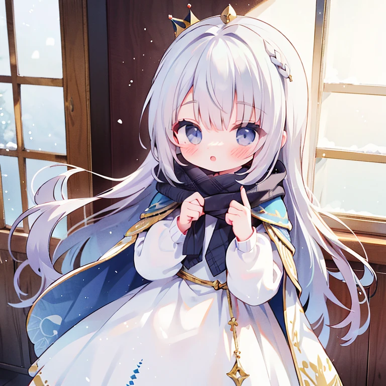 On a snowy day, a girl with gray long hair wears a silver crown and a white winter cape over a white dress.: