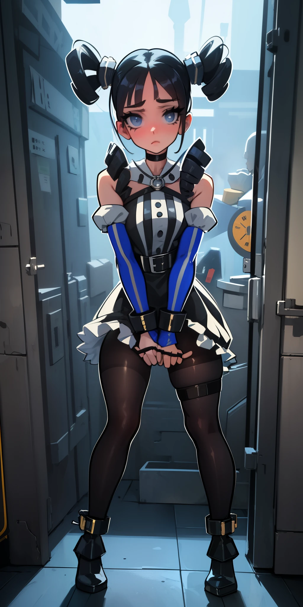 masterpiece,best quality,1girl,mmplatz,twintails,twin drills,dress,blue pantyhose,striped pantyhose, Female, standing, straight, looking at viewer, handcuffs on their hands, with a collar around the neck, slave, ((black choker, shackles on legs and arms))