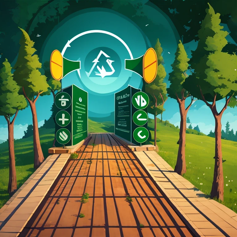 With green environmental sign and trees,2D, conceptual drawing, 概念illustration, conceptual drawing, illustration, conceptual drawing, Artwork about a road , conceptual drawing, enviromental artwork, full-colour illustration, enviroment concept, enviroment, author:Andrei Wroblewski, concept sketches