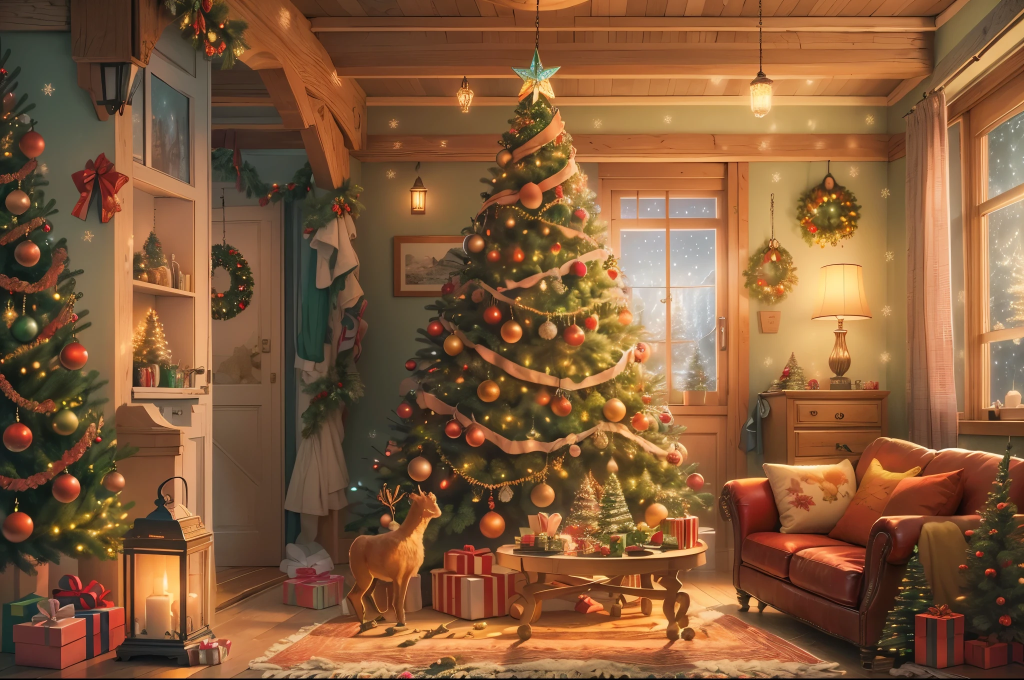 (tmasterpiece:1.2), ultra - detailed, (actual, realistically:1.37), Vibrant colors, Magical atmosphere, Whimsical, ((sky full of stars，The North Star shines))，(Use an illustration style), (European style interior house、Christmas decorations、The fireplace is warm、Lanterns hanging on the stairs、Gifts wrapped in colorful  under the Christmas tree、pile of gifts on the floor、wooden floor、Decorated pine tree、镶wooden floor、mantel、red and green、Christmas atmosphere、traditional christmaestive atmosphere、chaleureux、joyeux Noel、gift tag、Christmas wreath、decorations、metal ribbon、Christmas tree lights、Confectionery，Gingerbread Man，lamplight)、(房间布置得有浓浓的Christmas atmosphere. A string of shining colored lights hangs on the wall, 窗台上放着Christmas wreath和小雪人, In the corner of the room stands a beautifully decorated Christmas tree). (On a table, There are beautiful cutlery and red plates. In the center of the table, Have a sumptuous Christmas feast, Next to it is a bottle of red wine and two exquisite wine glasses, Brings warmth and comfort to the entire room). (Ghibli-style colors, first person perspective, hyper HD, tmasterpiece, acurate, Anatomically correct, ctextured skin, super detailing, high detal, high qulity, Award-Awarded, Best quality at best, 8K))), hyper realisitc的, Psychedelic, Complicated details, Beautiful texture, Ethereal, like a dream, Soft glowing light, Charming Patterns, Fantasy creatures, Hidden surprises, dreamlike landscapes, hyper realisitc的 color palette, Mystic aura, hyper realisitc, Enchanting journey, psychedelic trip, vivid imagination, immersive experience, mysterious creature, otherworldly charm, glowing paths, Light up a magical Christmas, hyper realisitc的天空, Whimsical theme park, a magical encounter,Fascinating artwork，（Ultra-high saturation，Bright and bright: 1.8）