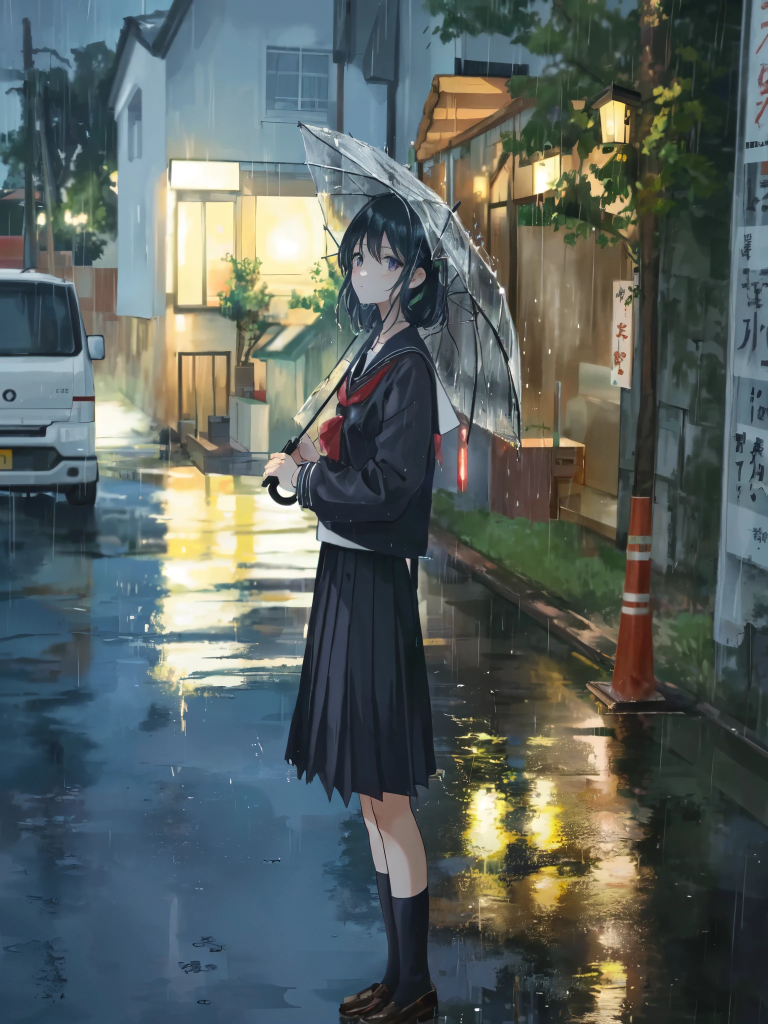 there is a woman standing in the rain with an umbrella, pretty girl standing in the rain, after rain and no girls, rainy evening, rainy mood, in the rain, rainy day, at evening during rain, standing in the rain, japanese school uniform, japanese girl school uniform, on a rainy day, rain aesthetic, raining, anime style mixed with fujifilm