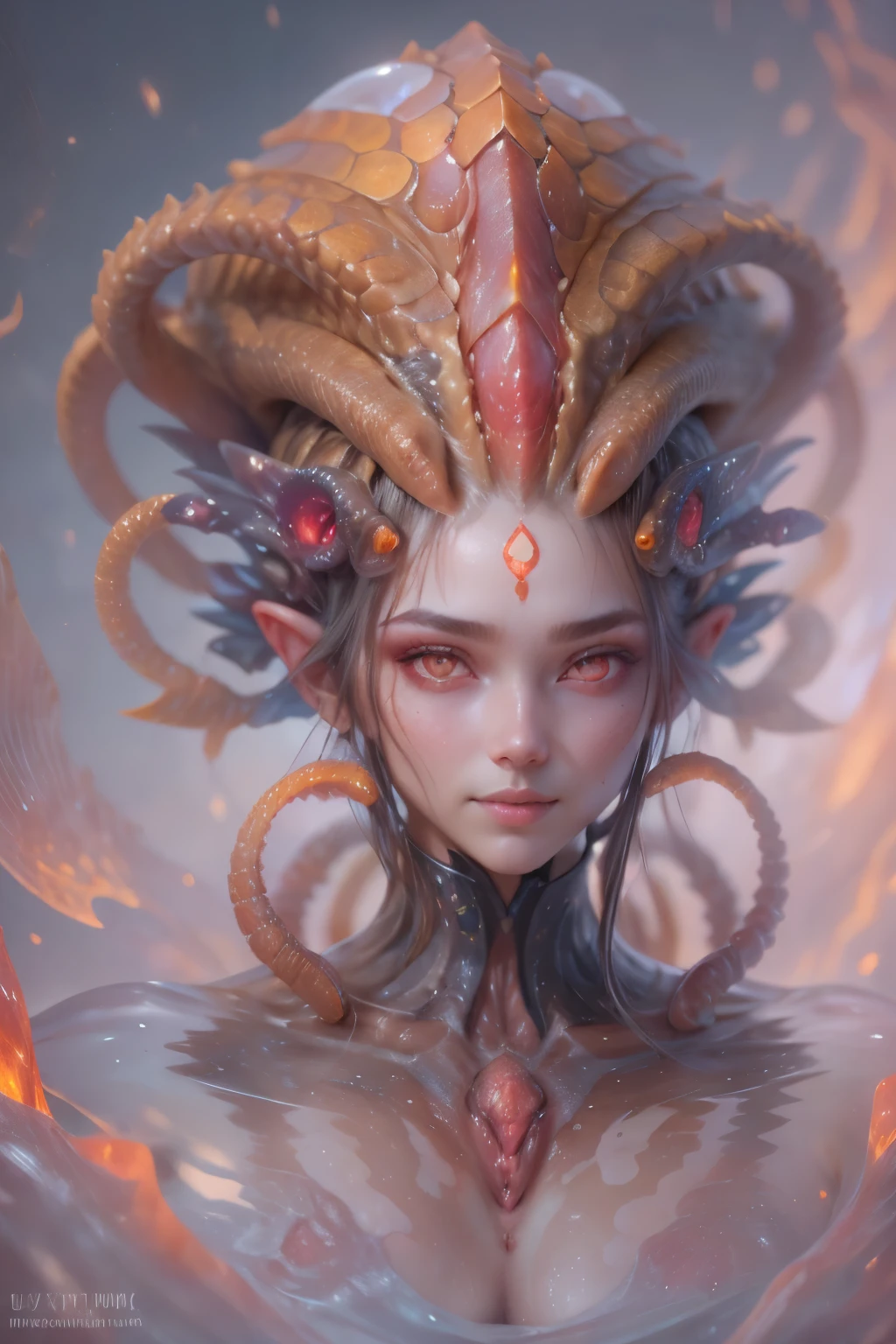 Portrait, (beautiful female alien:1.2), (There is a female genital-like organ in the middle of the forehead..:1.8), (The most beautiful face in the history of the universe:1.2), (scarlet eyes:1.6), (Translucent skin:1.8), an evil gaze that seduces , (red eyes:1.5), Full body like, (sexypose:1.5), alien, No humans, cells are fused, (Lots of translucent tentacles:1.1) (Translucent skin:1.3), extraterrestrial, cell, bio image, 魅惑的, Best Quality, 8K,4K_quality, High Definition, Dramatic Lighting, masutepiece:1.5,cinematic quality, detail up, (Intricate details:1.2), High resolution, High Definition, drawing faithfully, (Thick eyebrows:1.2), Beautiful eyes with fine symmetry, (Ultra detailed eyes:1.2),(Highly detailed face and eyes:1.2), (High-resolution red-eye:1.4), Intimate face, (Super detailed skin quality feeling:1.4), Perfect Anatomy, (Beautiful toned body:1.5), (Moist skin:1.2), No makeup, (dark circles:1.1), long canines, cinematic drawing of characters, ultra high quality model, cinematic quality, detail up, (Intricate details:1.2), High resolution, High Definition, drawing faithfully, Official art, Unity 8K wall , 8K Portrait, Best Quality, Very High resolution, ultra detailed artistic photography, midnight aura, unreal enginee 5, Ultra Sharp Focus, art by alberto seveso, ArtGerm, Roisch, intricate artwork, Medusa, best quality, masutepiece, ultra High resolution, (photos realistic:1.4), Ultra-realistic realism, dream-like, nautilus, Creation of fantasy, Snail, Dream Snail, biopunk nautilus, Thrilling color schemes, Ultra-realistic realism, seductively smiling, Blue tentacles
