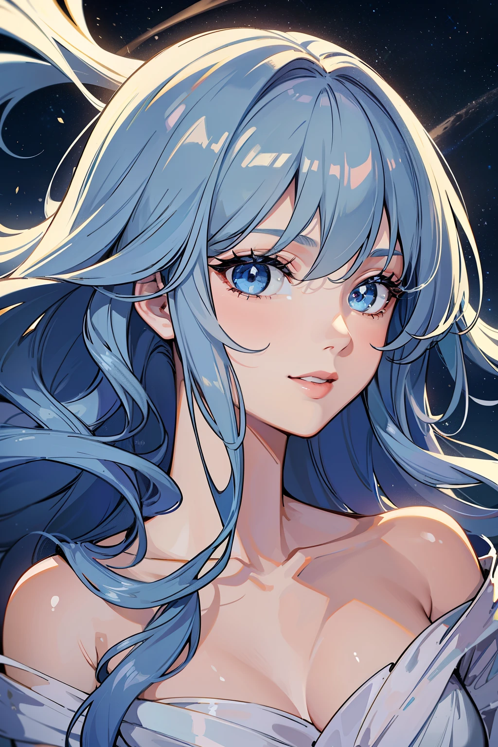 (high-quality, breathtaking),(expressive eyes, perfect face) portrait, 1girl, female, solo, adult woman, mum, age late 20's, celestial hair, space in hair, light blue eyes, long hair length, soft wavy flowy hair, gentle smile, loose hair, side bangs, looking at viewer, portrait, happy expression, hair like smoke, starry night in hair, white skin, soft red lips, elegant, regal