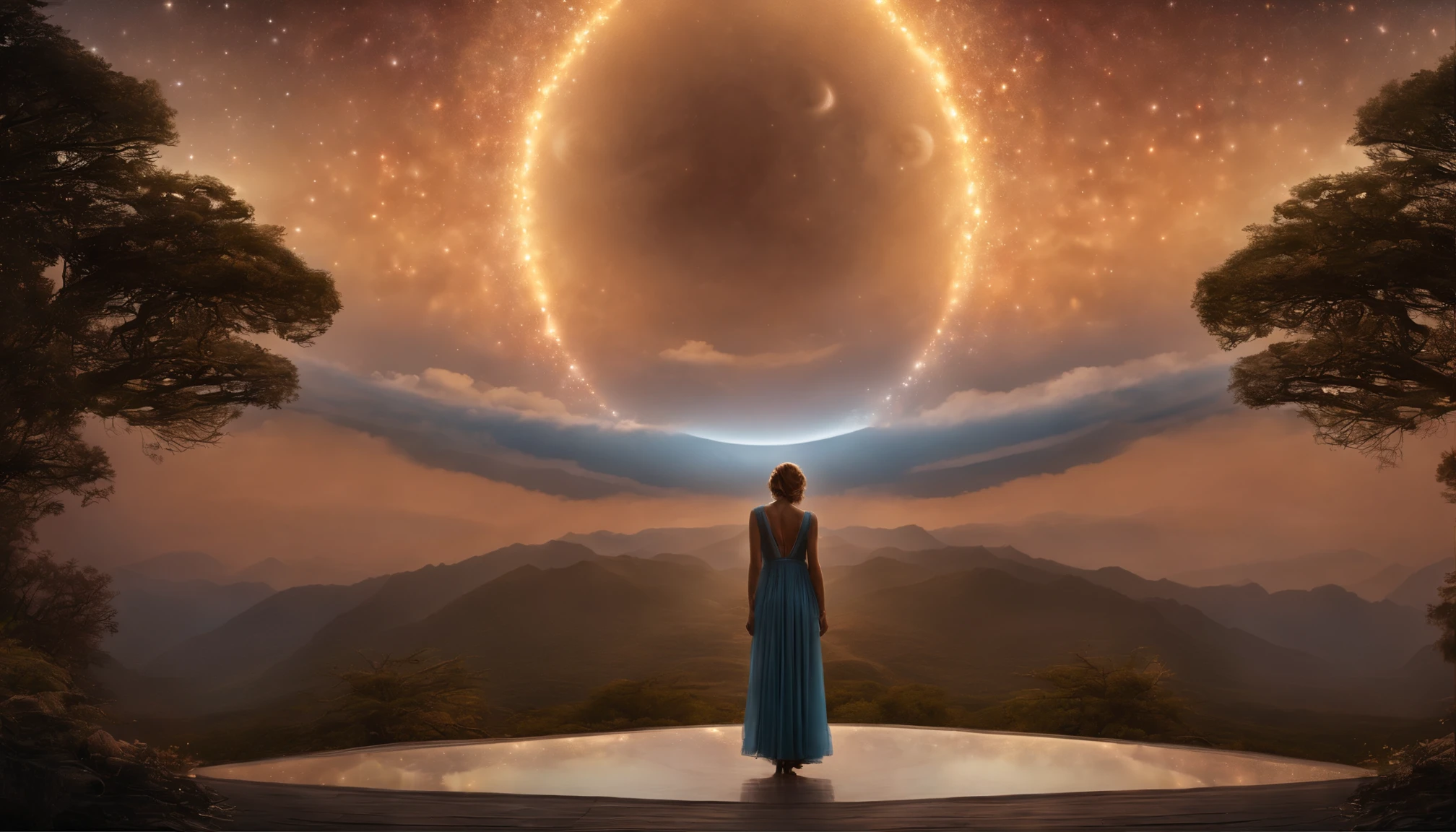 Serene and graceful, the dimensional form of Emma flows in meditative repose. With eyes softly closed, she appears deep in tranquil thought as stars and galaxies spiral slowly within her transcendent being.
Her hair and gown transform into currents of stellar mists, colorful celestial clouds aglow with the light of newborn suns and planets. Pulsing nebulae, shiny comet trails, and the dark beauty of interstellar dust swirl around the contours of Emma's peaceful features.
Arms widespread as if embracing all creation, she becomes one with the heavenly portraits projected across her cosmic flesh. Entire universes bloom inside her, essence merging with the very fabric of space and time.
Ethereal strands of cosmic DNA - glowing filaments, lunar latticework, tesseracts unfolding - comprise the intricate patterns adorning her raiment. In the expanse behind Emma, the glittering architectures of a billion realities kaleidoscope into eternal mandalas of genesis.
At Emma's core, a radiant galaxy spiral slow turns, each star a reflection of her soul's awakening. Around this mystical center, she floats through imagination's expanse - a vision of wisdom borne from stardust, birthing life's poetry amongst the heavens.
