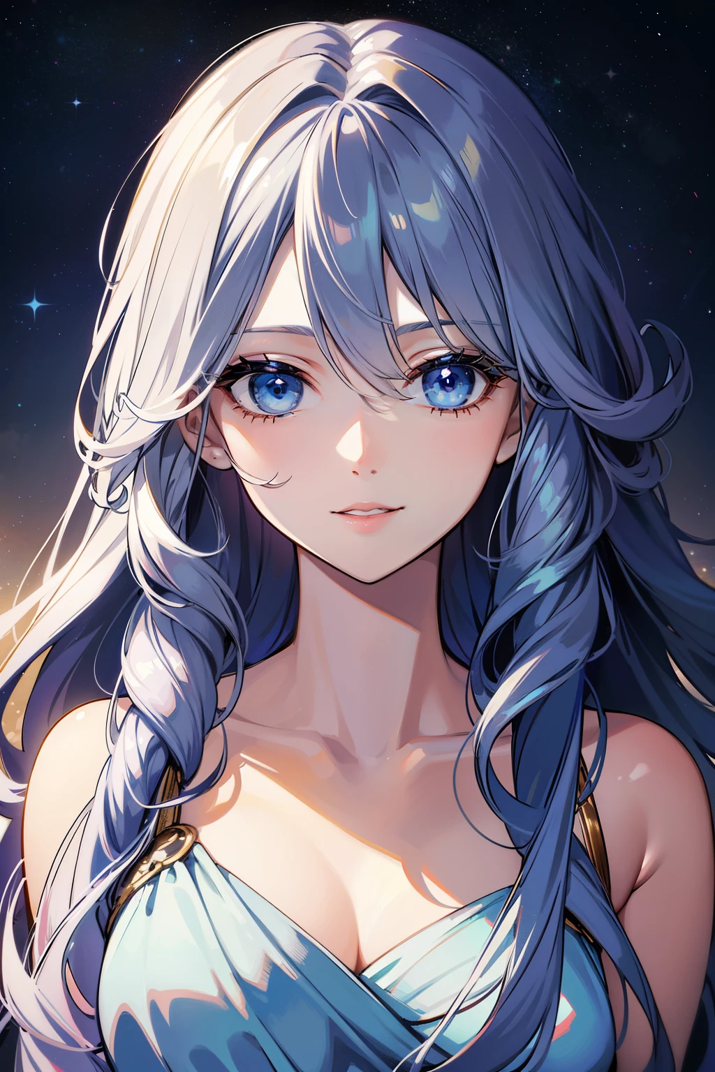 (high-quality, breathtaking),(expressive eyes, perfect face) portrait, 1girl, female, solo, adult woman, mum, age late 20's, celestial hair, space in hair, light blue eyes, long hair length, soft wavy flowy hair, gentle smile, loose hair, side bangs, looking at viewer, portrait, happy expression, hair like smoke, starry night in hair, white skin, soft red lips, elegant, regal