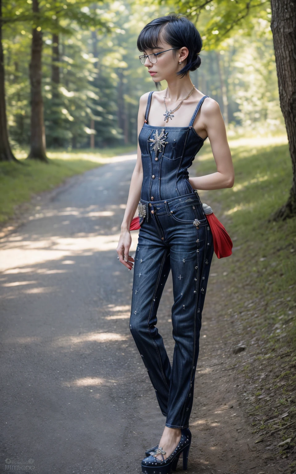 (8K, Masterpiece, RAW photo, Best quality, detail:1.3), (ultra realistic Natural background, scenary:1.5), Depth of field, Cinematic light, (ultra realistic face), (1 picture of 1 solo girl Airim Jones:1.6), 1girl, (Beautiful and elegant Russian girl), (skinny girl with glasses), (European face:1.3), (perfect complete full body:1.6), (full body shot including shoes:1.6), (perfect [side profile|back profile]:1.5), (small necklace, collarbone:1.1), ( [bangs|pigtails|bob|pixie] hair:1.5), (ultra detailed skin:1.4), (sexy red minitop:1.4), (Embellished Pocket Blue Jeans:1.6), (perfect standing pose:1.5), (perfect long legs:1.4)
