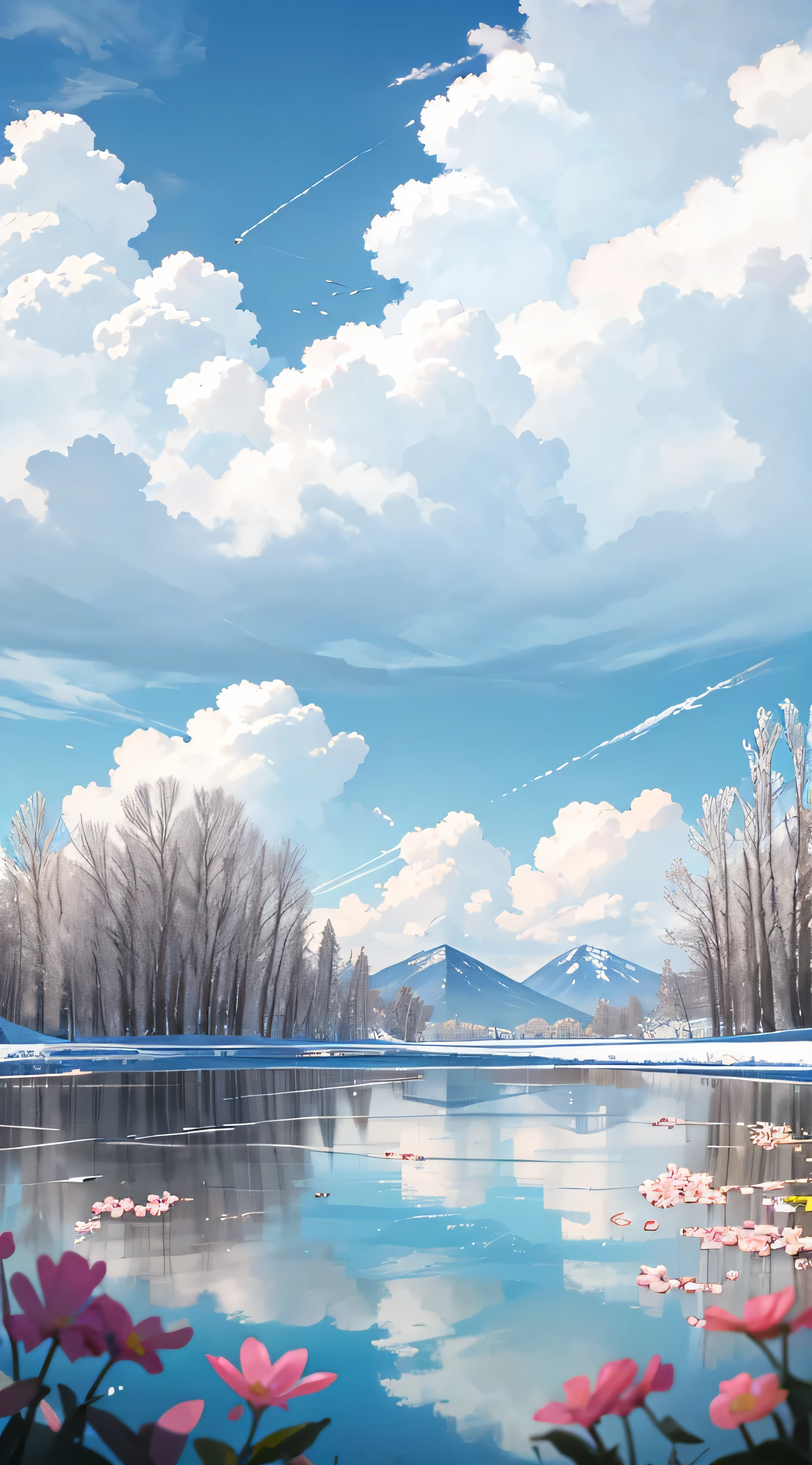 Summer, meadows, few small flowers, clear lakes, sheep, heaven, large clouds, blue sky, hot weather, HD detail, wet watermark, hyper-detail, cinematic, surrealism, soft light, deep field focus bokeh, distant view is snowy mountains, ray tracing, and surrealism. --v6