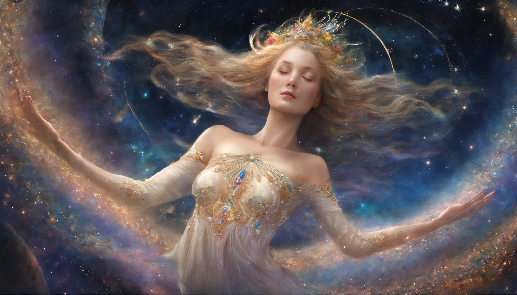 Serene and graceful, the dimensional form of Emma flows in meditative repose. With eyes softly closed, she appears deep in tranquil thought as stars and galaxies spiral slowly within her transcendent being.
Her hair and gown transform into currents of stellar mists, colorful celestial clouds aglow with the light of newborn suns and planets. Pulsing nebulae, shiny comet trails, and the dark beauty of interstellar dust swirl around the contours of Emma's peaceful features.
Arms widespread as if embracing all creation, she becomes one with the heavenly portraits projected across her cosmic flesh. Entire universes bloom inside her, essence merging with the very fabric of space and time.
Ethereal strands of cosmic DNA - glowing filaments, lunar latticework, tesseracts unfolding - comprise the intricate patterns adorning her raiment. In the expanse behind Emma, the glittering architectures of a billion realities kaleidoscope into eternal mandalas of genesis.
At Emma's core, a radiant galaxy spiral slow turns, each star a reflection of her soul's awakening. Around this mystical center, she floats through imagination's expanse - a vision of wisdom borne from stardust, birthing life's poetry amongst the heavens.