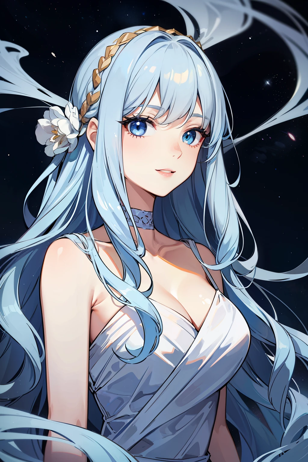 (high-quality, breathtaking),(expressive eyes, perfect face) portrait, 1girl, female, solo, adult woman, mum, age late 20's, celestial hair, space in hair, light blue eyes, long hair length, soft wavy flowy hair, gentle smile, loose hair, side bangs, looking at viewer, portrait, happy expression, hair like smoke, starry night in hair, white skin, soft red lips, elegant, regal