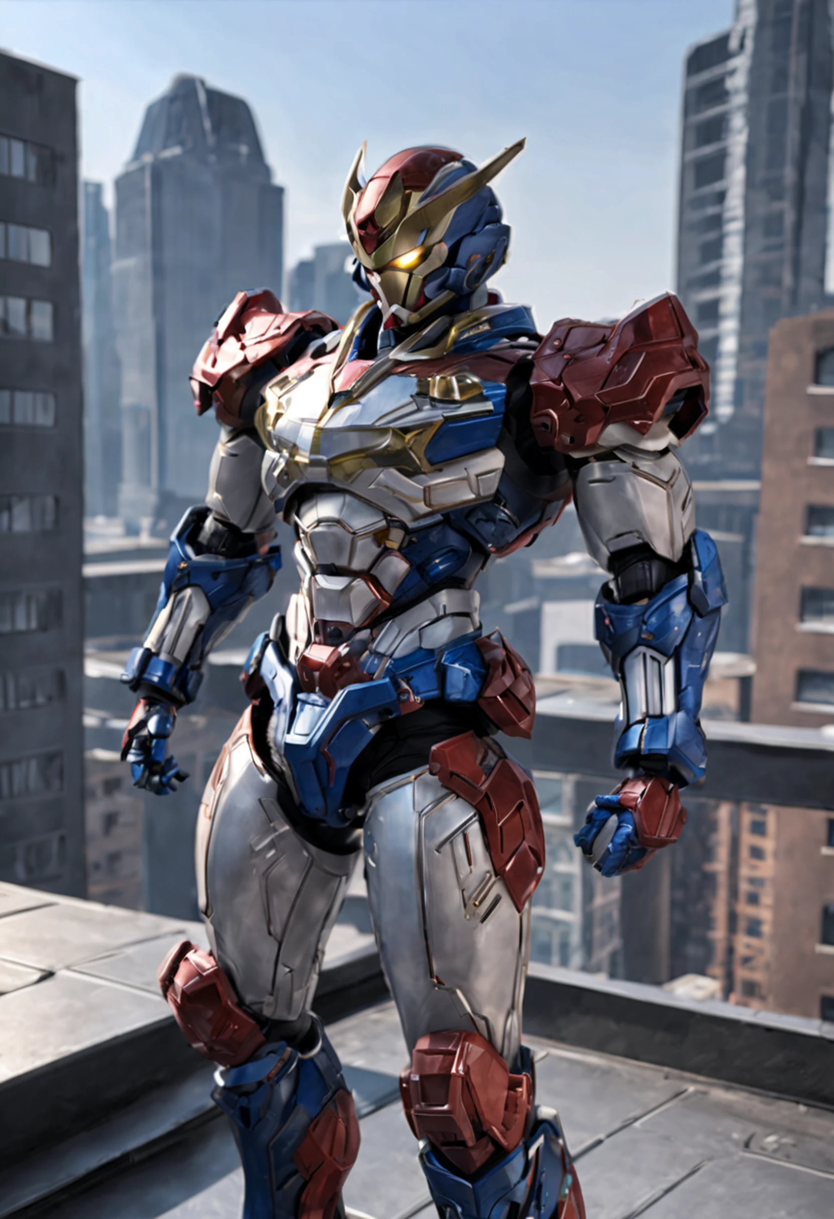 A super a high-tech biotech battle suit, standing on a rooftop, looking over the city, Japanese tokusatsu and American comic style, biometallic texture of the suit, sleek and shiny, dynamic, fast, natural light, cinematic, high quality, high resolution, high detail, sophisticated design, dramatic, high definition, ultra-detailed, ultra-fine painting, extremely delicate, creativity, Natural light, cinematic lighting, best shadow, masterpiece-anatomy-perfect