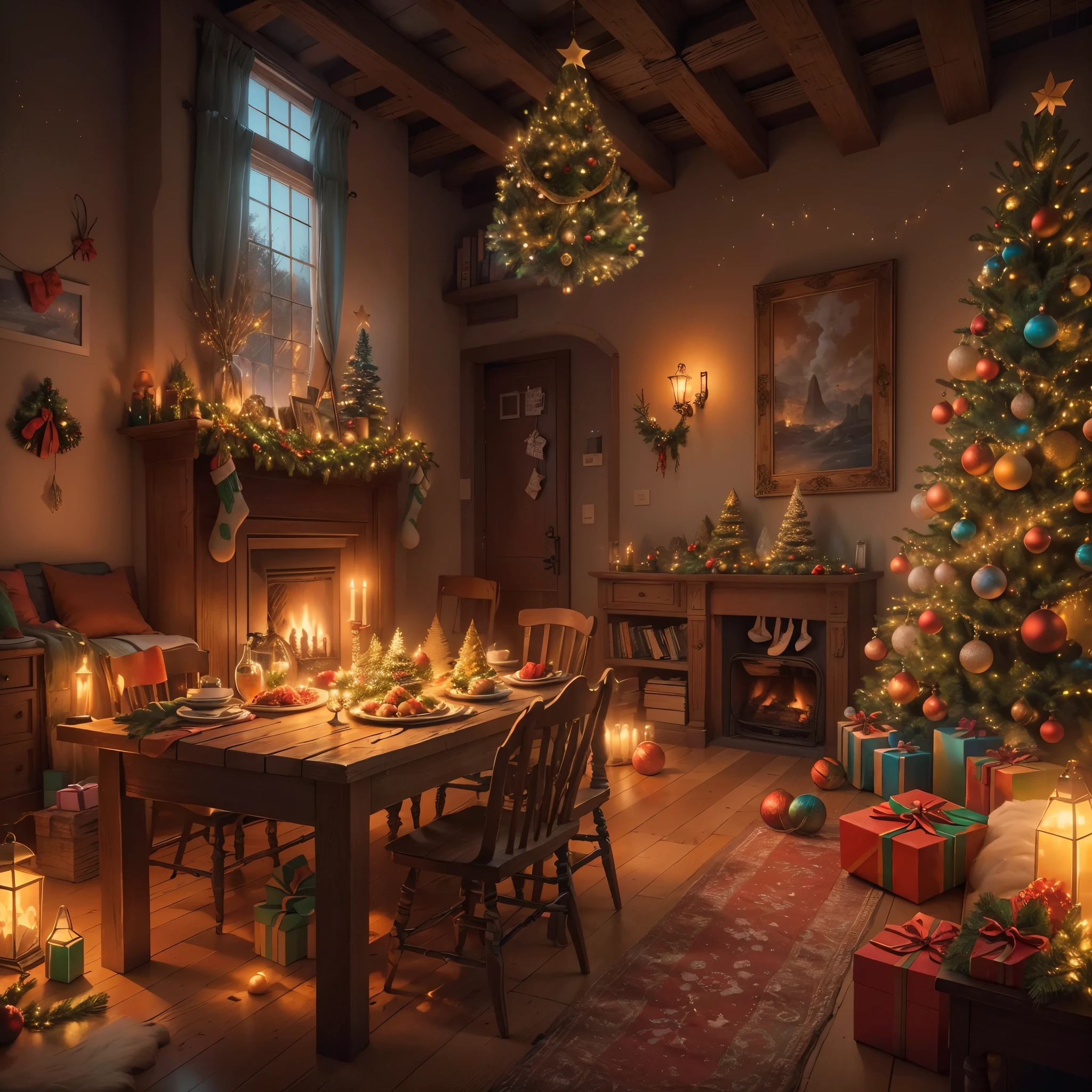 (tmasterpiece:1.2), ultra - detailed, (actual, realistically:1.37), Vibrant colors, Magical atmosphere, Whimsical, ((sky full of stars,The North Star shines)),(Use an illustration style), (European style interior house、Christmas decorations、The fireplace is warm、Lanterns hanging on the stairs、Gifts wrapped in colorful under the Christmas tree、pile of gifts on the floor、wooden floor、Decorated pine tree、镶wooden floor、mantel、red and green、Christmas atmosphere、traditional christmaestive atmosphere、chaleureux、joyeux Noel、gift tag、Christmas wreath、decorations、metal ribbon、Christmas tree lights、Confectionery,Gingerbread Man,lamplight)、(房间布置得有浓浓的Christmas atmosphere. A string of shining colored lights hangs on the wall, 窗台上放着Christmas wreath和小雪人, In the corner of the room stands a beautifully decorated Christmas tree). (On a table, There are beautiful cutlery and red plates. In the center of the table, Have a sumptuous Christmas feast, Next to it is a bottle of red wine and two exquisite wine glasses, Brings warmth and comfort to the entire room). (Ghibli-style colors, first person perspective, hyper HD, tmasterpiece, acurate, Anatomically correct, ctextured skin, super detailing, high detal, high qulity, Award-Awarded, Best quality at best, 8K))), hyper realisitc的, Psychedelic, Complicated details, Beautiful texture, Ethereal, like a dream, Soft glowing light, Charming Patterns, Fantasy creatures, Hidden surprises, dreamlike landscapes, hyper realisitc的 color palette, Mystic aura, hyper realisitc, Enchanting journey, psychedelic trip, vivid imagination, immersive experience, mysterious creature, otherworldly charm, glowing paths, Light up a magical Christmas, hyper realisitc的天空, Whimsical theme park, a magical encounter,Fascinating artwork,(Ultra-high saturation,Bright and bright: 1.8), (Ultra-high saturation,Bright and bright: 1.8)