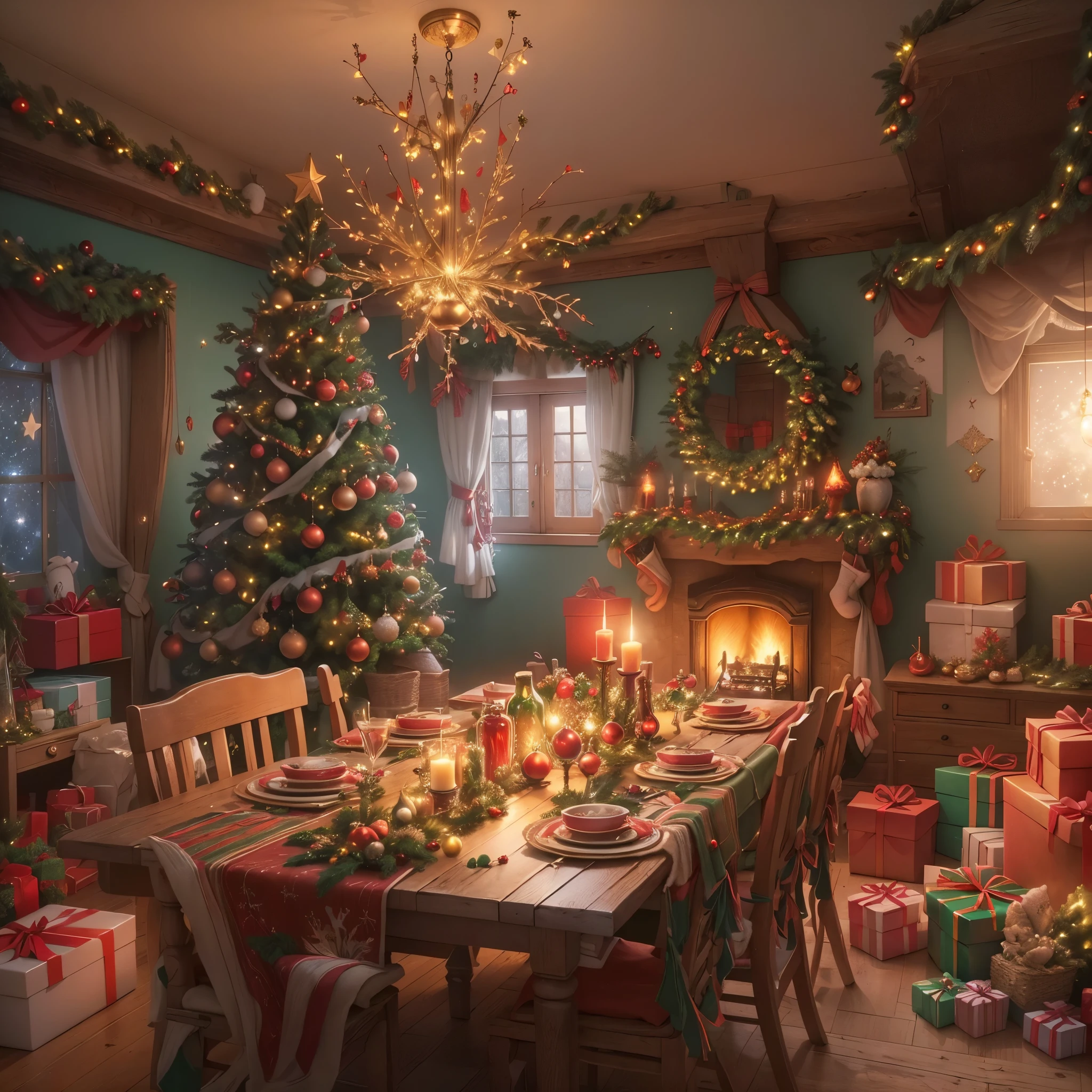 (tmasterpiece:1.2), ultra - detailed, (actual, realistically:1.37), Vibrant colors, Magical atmosphere, Whimsical, ((sky full of stars，The North Star shines))，(Use an illustration style), (European style interior house、Christmas decorations、The fireplace is warm、Lanterns hanging on the stairs、Gifts wrapped in colorful  under the Christmas tree、pile of gifts on the floor、wooden floor、Decorated pine tree、镶wooden floor、mantel、red and green、Christmas atmosphere、traditional christmaestive atmosphere、chaleureux、joyeux Noel、gift tag、Christmas wreath、decorations、metal ribbon、Christmas tree lights、Confectionery，Gingerbread Man，lamplight)、(房间布置得有浓浓的Christmas atmosphere. A string of shining colored lights hangs on the wall, 窗台上放着Christmas wreath和小雪人, In the corner of the room stands a beautifully decorated Christmas tree). (On a table, There are beautiful cutlery and red plates. In the center of the table, Have a sumptuous Christmas feast, Next to it is a bottle of red wine and two exquisite wine glasses, Brings warmth and comfort to the entire room). (Ghibli-style colors, first person perspective, hyper HD, tmasterpiece, acurate, Anatomically correct, ctextured skin, super detailing, high detal, high qulity, Award-Awarded, Best quality at best, 8K))), hyper realisitc的, Psychedelic, Complicated details, Beautiful texture, Ethereal, like a dream, Soft glowing light, Charming Patterns, Fantasy creatures, Hidden surprises, dreamlike landscapes, hyper realisitc的 color palette, Mystic aura, hyper realisitc, Enchanting journey, psychedelic trip, vivid imagination, immersive experience, mysterious creature, otherworldly charm, glowing paths, Light up a magical Christmas, hyper realisitc的天空, Whimsical theme park, a magical encounter,Fascinating artwork，（Ultra-high saturation，Bright and bright: 1.8）, （Ultra-high saturation，Bright and bright: 1.8）