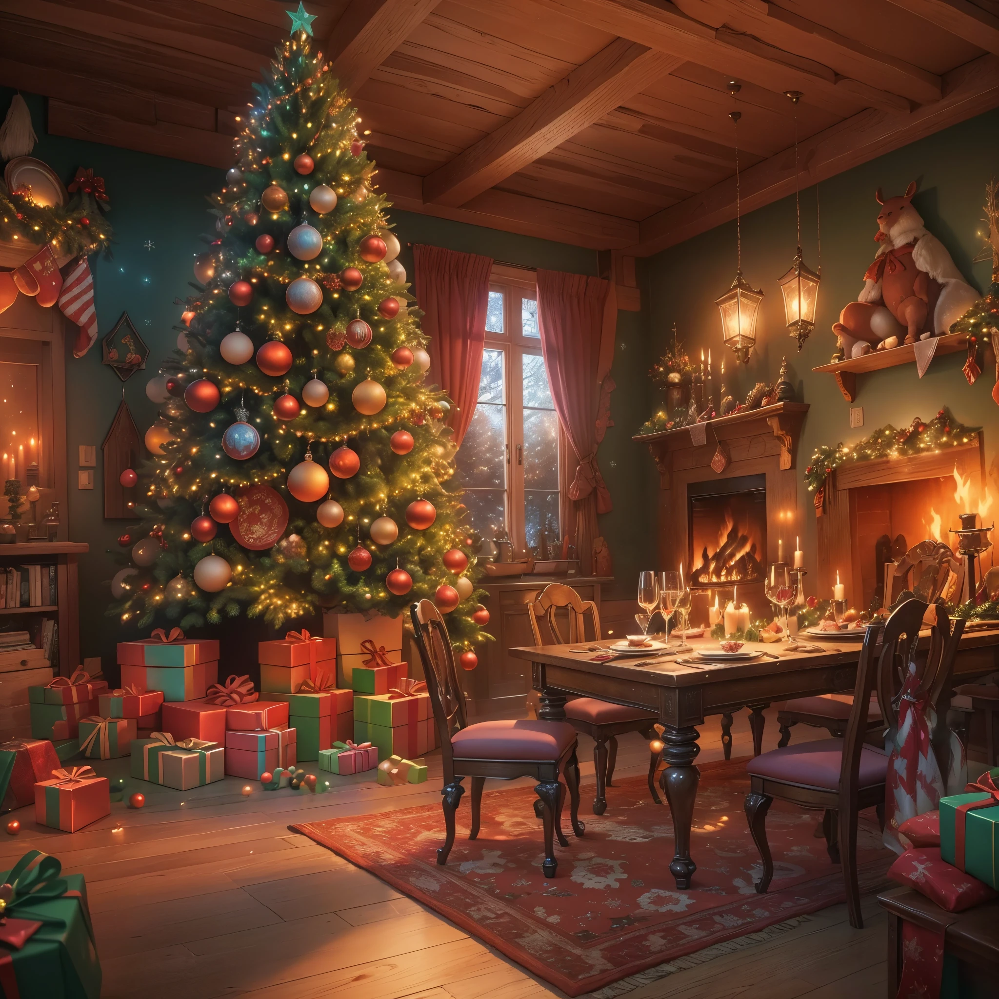 (tmasterpiece:1.2), ultra - detailed, (actual, realistically:1.37), Vibrant colors, Magical atmosphere, Whimsical, ((sky full of stars,The North Star shines)),(Use an illustration style), (European style interior house、Christmas decorations、The fireplace is warm、Lanterns hanging on the stairs、Gifts wrapped in colorful under the Christmas tree、pile of gifts on the floor、wooden floor、Decorated pine tree、镶wooden floor、mantel、red and green、Christmas atmosphere、traditional christmaestive atmosphere、chaleureux、joyeux Noel、gift tag、Christmas wreath、decorations、metal ribbon、Christmas tree lights、Confectionery,Gingerbread Man,lamplight)、(房间布置得有浓浓的Christmas atmosphere. A string of shining colored lights hangs on the wall, 窗台上放着Christmas wreath和小雪人, In the corner of the room stands a beautifully decorated Christmas tree). (On a table, There are beautiful cutlery and red plates. In the center of the table, Have a sumptuous Christmas feast, Next to it is a bottle of red wine and two exquisite wine glasses, Brings warmth and comfort to the entire room). (Ghibli-style colors, first person perspective, hyper HD, tmasterpiece, acurate, Anatomically correct, ctextured skin, super detailing, high detal, high qulity, Award-Awarded, Best quality at best, 8K))), hyper realisitc的, Psychedelic, Complicated details, Beautiful texture, Ethereal, like a dream, Soft glowing light, Charming Patterns, Fantasy creatures, Hidden surprises, dreamlike landscapes, hyper realisitc的 color palette, Mystic aura, hyper realisitc, Enchanting journey, psychedelic trip, vivid imagination, immersive experience, mysterious creature, otherworldly charm, glowing paths, Light up a magical Christmas, hyper realisitc的天空, Whimsical theme park, a magical encounter,Fascinating artwork,(Ultra-high saturation,Bright and bright: 1.8), (Ultra-high saturation,Bright and bright: 1.8)