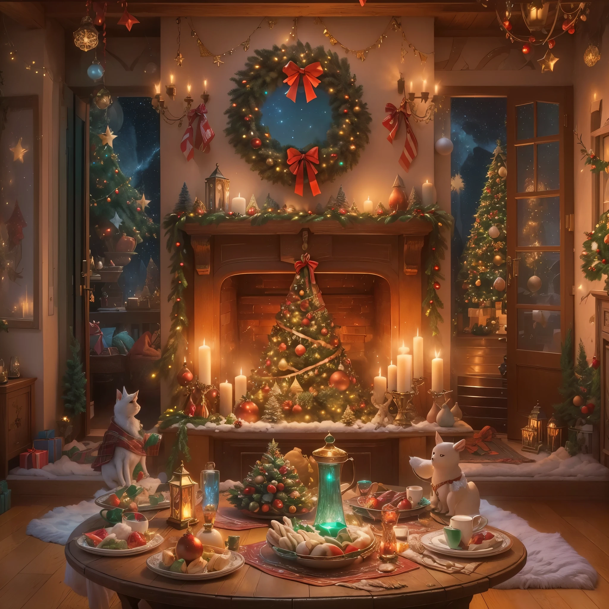 (tmasterpiece:1.2), ultra - detailed, (actual, realistically:1.37), Vibrant colors, Magical atmosphere, Whimsical, ((sky full of stars，The North Star shines))，(Use an illustration style), (European style interior house、Christmas decorations、The fireplace is warm、Lanterns hanging on the stairs、Gifts wrapped in colorful  under the Christmas tree、pile of gifts on the floor、wooden floor、Decorated pine tree、镶wooden floor、mantel、red and green、Christmas atmosphere、traditional christmaestive atmosphere、chaleureux、joyeux Noel、gift tag、Christmas wreath、decorations、metal ribbon、Christmas tree lights、Confectionery，Gingerbread Man，lamplight)、(房间布置得有浓浓的Christmas atmosphere. A string of shining colored lights hangs on the wall, 窗台上放着Christmas wreath和小雪人, In the corner of the room stands a beautifully decorated Christmas tree). (On a table, There are beautiful cutlery and red plates. In the center of the table, Have a sumptuous Christmas feast, Next to it is a bottle of red wine and two exquisite wine glasses, Brings warmth and comfort to the entire room). (Ghibli-style colors, first person perspective, hyper HD, tmasterpiece, acurate, Anatomically correct, ctextured skin, super detailing, high detal, high qulity, Award-Awarded, Best quality at best, 8K))), hyper realisitc的, Psychedelic, Complicated details, Beautiful texture, Ethereal, like a dream, Soft glowing light, Charming Patterns, Fantasy creatures, Hidden surprises, dreamlike landscapes, hyper realisitc的 color palette, Mystic aura, hyper realisitc, Enchanting journey, psychedelic trip, vivid imagination, immersive experience, mysterious creature, otherworldly charm, glowing paths, Light up a magical Christmas, hyper realisitc的天空, Whimsical theme park, a magical encounter,Fascinating artwork，（Ultra-high saturation，Bright and bright: 1.8）, （Ultra-high saturation，Bright and bright: 1.8）