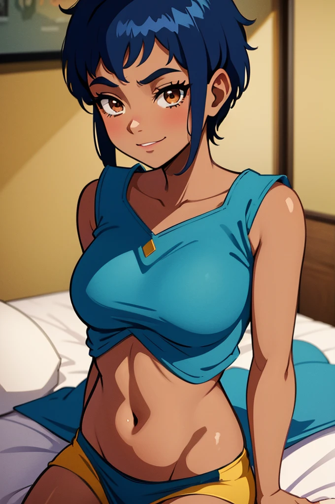 1 girl, solo, TARANEE, w.i.t.c.h, navy blue hair, brown eyes, ((dark skin)), spikey hair, short hair, ((medium breast)), sexy, look at viewer, black curtain bikini top, medieval bedroom, ((black loincloth, pelvic curtain)), blush, sexy girl with dark complexion, blissful, surprised, very seductive pose, seductive lady, sexy pose, sitting on her bed, leering expression