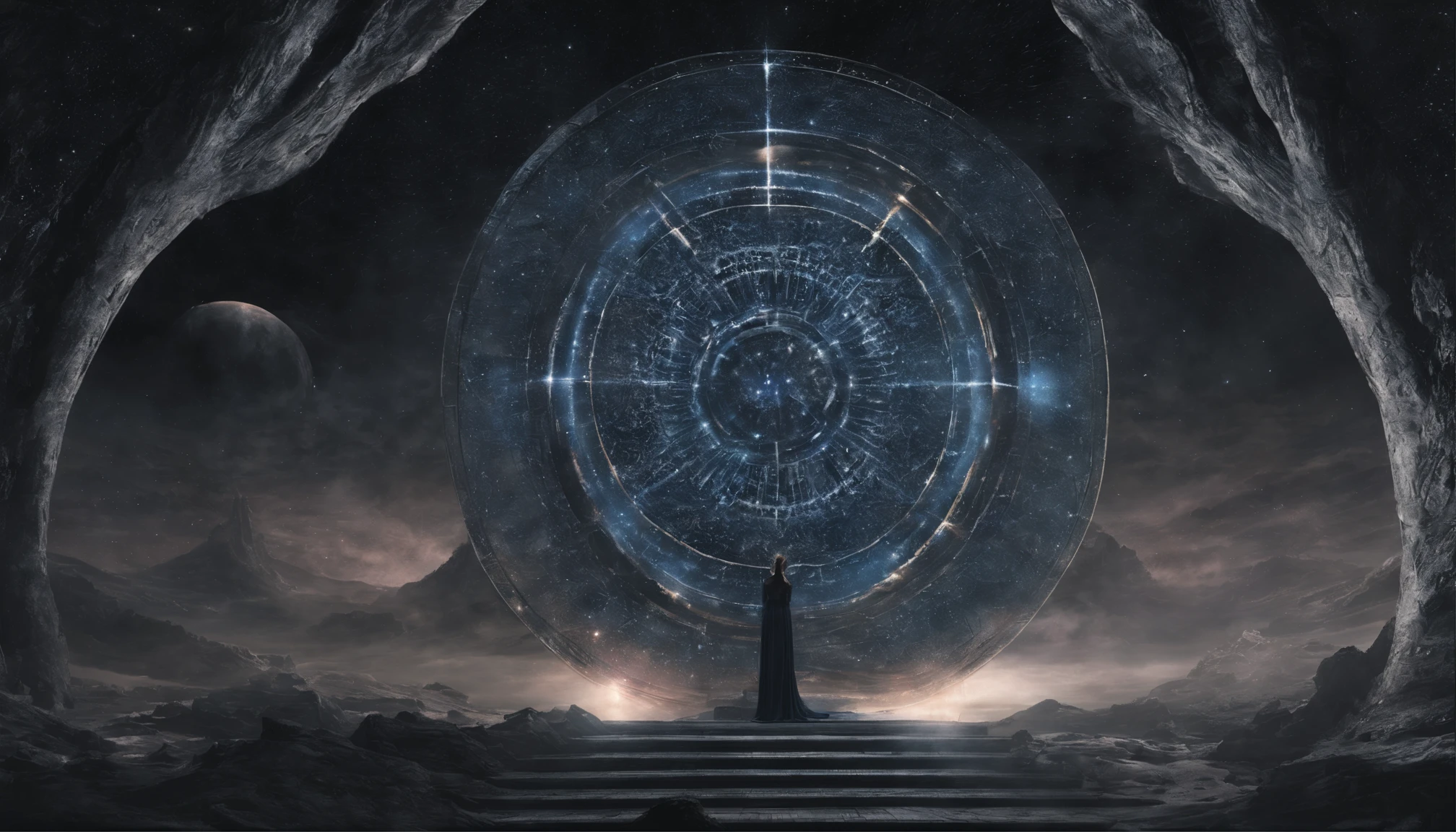 The setting is a vast, circular chamber with a domed glass ceiling that perfectly mirrors the expansive space outside. Beyond the glass, dazzling galaxies, nebulae, and stars fill an endless midnight sky.
Crystalline fractals adorn the curved walls, each facet reflecting and refracting Emma's floating form at their center in endless permutations. Every angle captures a unique glimpse of her cosmic essence from amidst the surrounding celestial majesty.
Gentle yet lively stellar winds imbued with glittering space-time dust flow through the open chamber, causing Emma's hair and gossamer dress to softly billow and ripple. The particles glimmer as they dance around her.
Peaceful cosmic soundscapes - faint resonant tones, soft sharps and swirling hums akin to planetary rings singing - provide an ambient backdrop, as if the harmonies of the spheres serenade Emma's wordless rumination.
Photon streams from infant stars and rainbow shockwaves from supernovae ripple silently through the space in colorful, slow-motion splendor. These textures and lights bloom gently around Emma in fluid, elegant symmetry.
A pair of crystalline spirals slowly orbit Emma, scintillating above and below her cosmic form. Like DNA caduceuses made of captured starfire, they seem to represent the alpha and omega to frame her animate, universal essence.