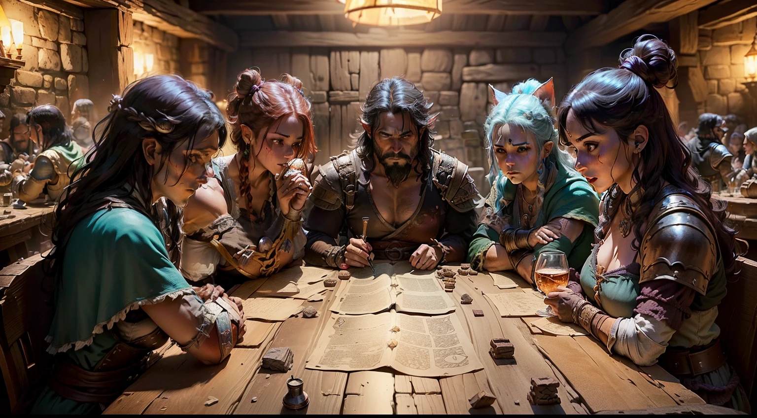 (((Un grupo de amigos jugando D&D))). ((RPG de mesa). (Estilo de libro D&D). (D&#39;s epic characters&D). (D&D). (Epic Tavern Background). personaje femenino con pelo morodado y  orejas de gato