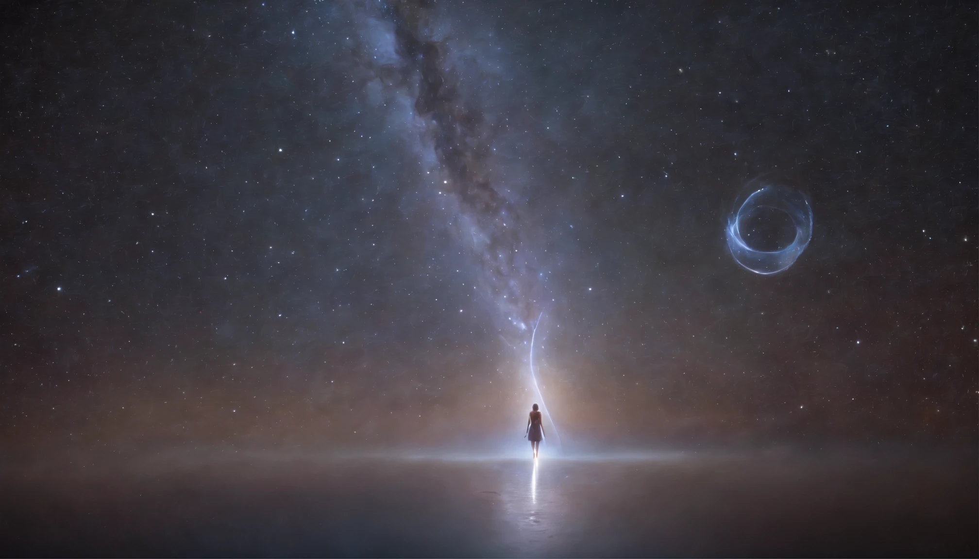 The setting is a vast, circular chamber with a domed glass ceiling that perfectly mirrors the expansive space outside. Beyond the glass, dazzling galaxies, nebulae, and stars fill an endless midnight sky.
Crystalline fractals adorn the curved walls, each facet reflecting and refracting Emma's floating form at their center in endless permutations. Every angle captures a unique glimpse of her cosmic essence from amidst the surrounding celestial majesty.
Gentle yet lively stellar winds imbued with glittering space-time dust flow through the open chamber, causing Emma's hair and gossamer dress to softly billow and ripple. The particles glimmer as they dance around her.
Peaceful cosmic soundscapes - faint resonant tones, soft sharps and swirling hums akin to planetary rings singing - provide an ambient backdrop, as if the harmonies of the spheres serenade Emma's wordless rumination.
Photon streams from infant stars and rainbow shockwaves from supernovae ripple silently through the space in colorful, slow-motion splendor. These textures and lights bloom gently around Emma in fluid, elegant symmetry.
A pair of crystalline spirals slowly orbit Emma, scintillating above and below her cosmic form. Like DNA caduceuses made of captured starfire, they seem to represent the alpha and omega to frame her animate, universal essence.